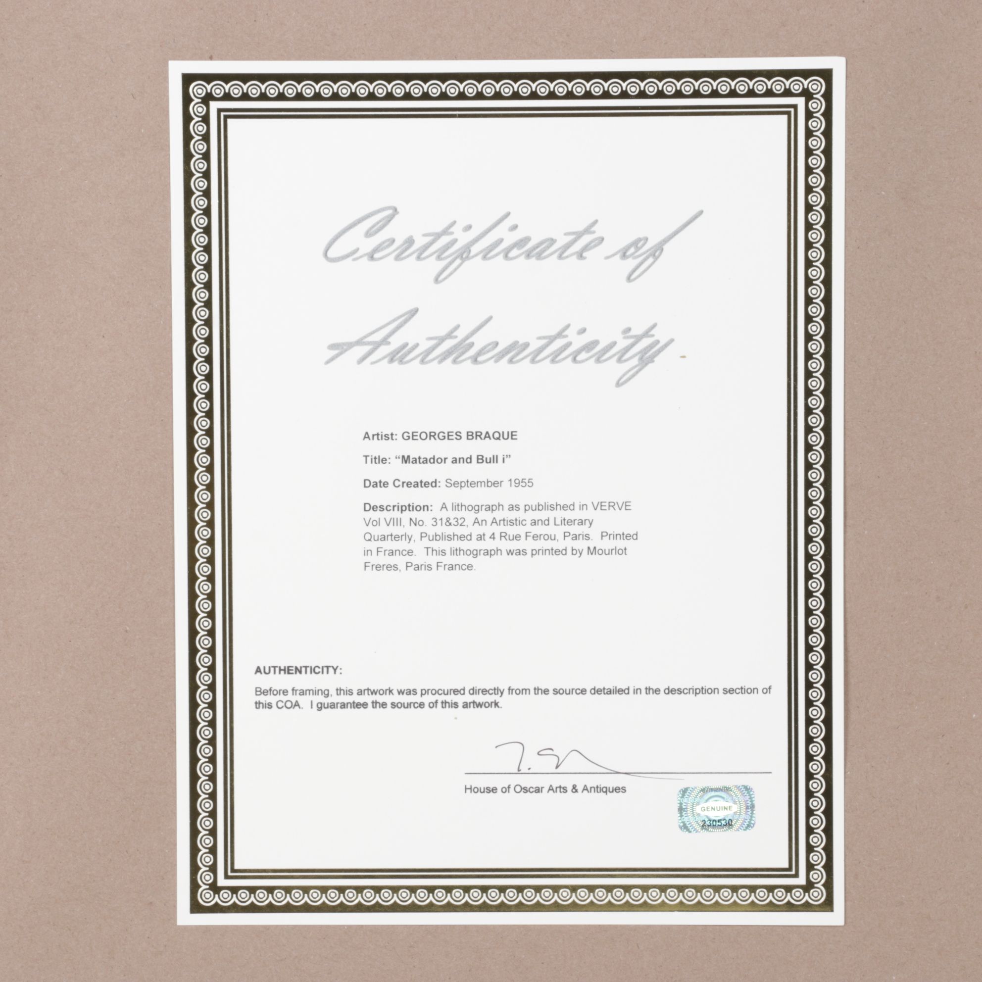 Color Lithograph After Georges Braque "Matador and Bull I", 1955