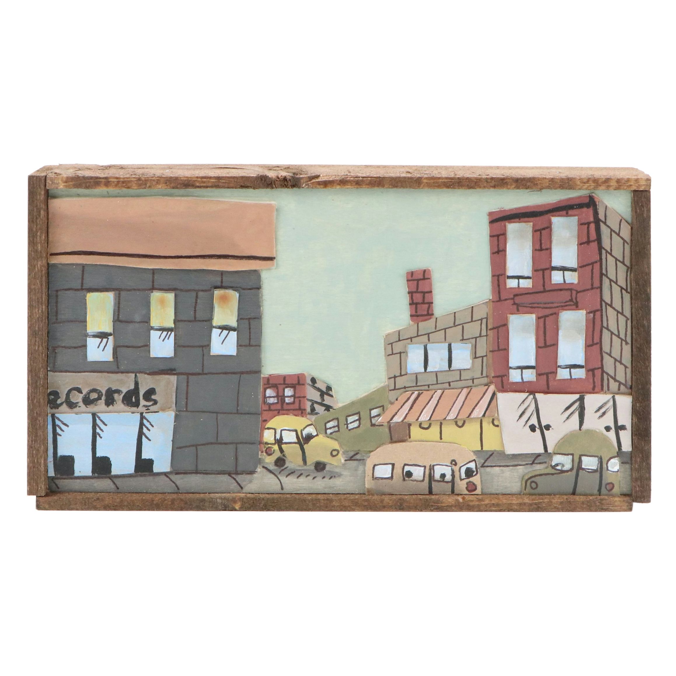 Aaron Wooten Dimensional Mixed Media Cityscape Painting "Records," 2025