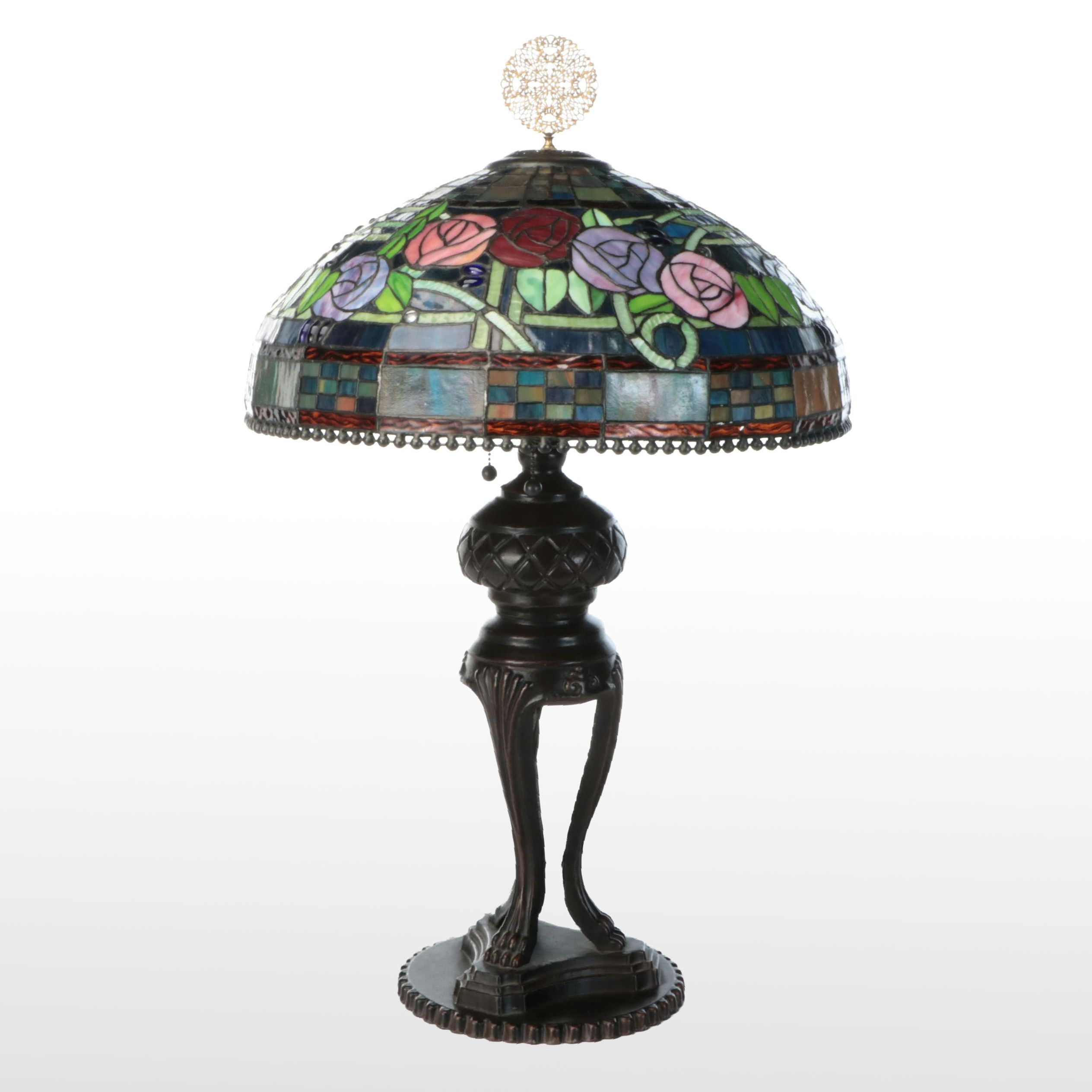 Oil Rubbed Bronze Metal Table Lamp with Slag Glass Shade, 2004