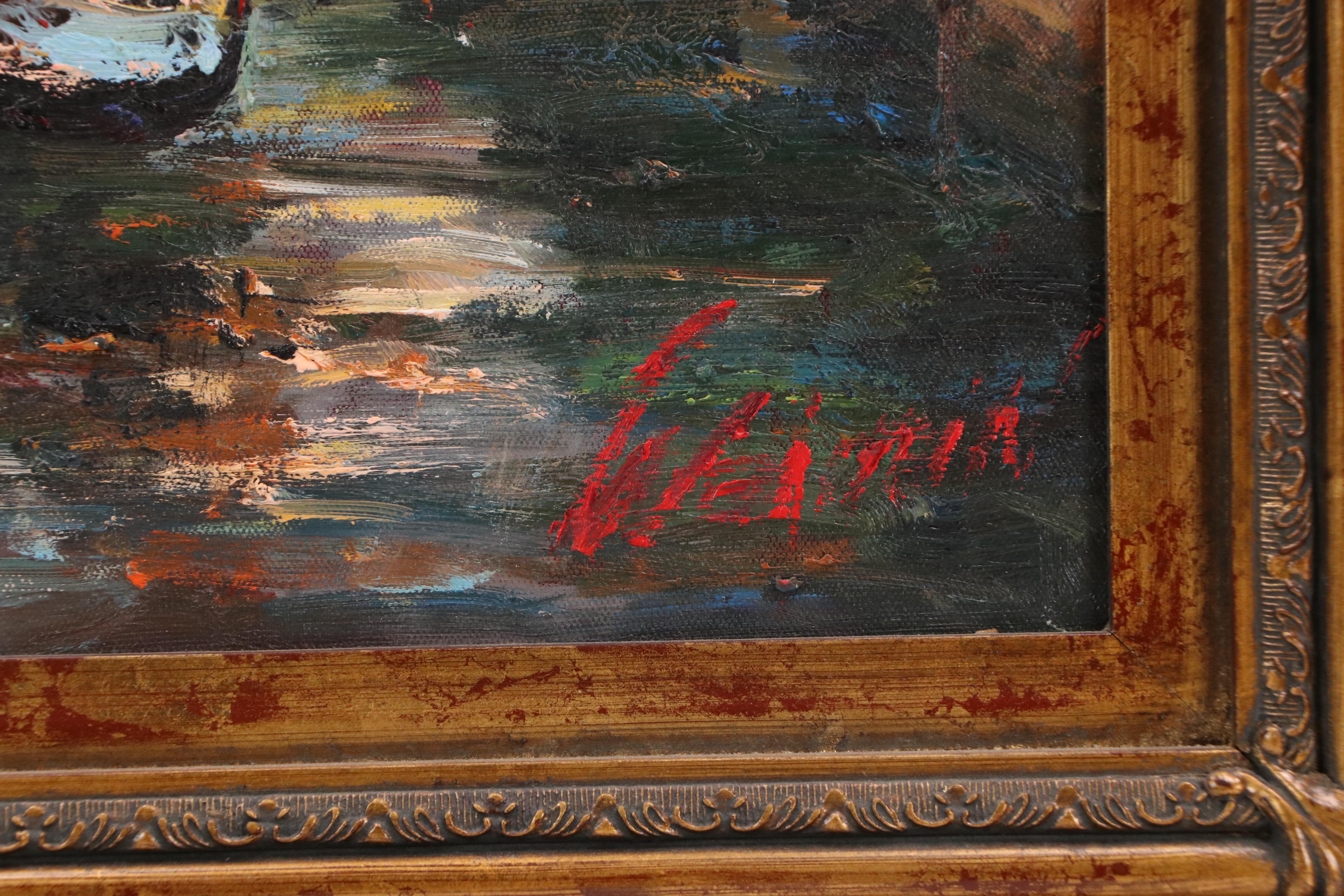 Cityscape Oil Painting of Venetian Canal with Gondola