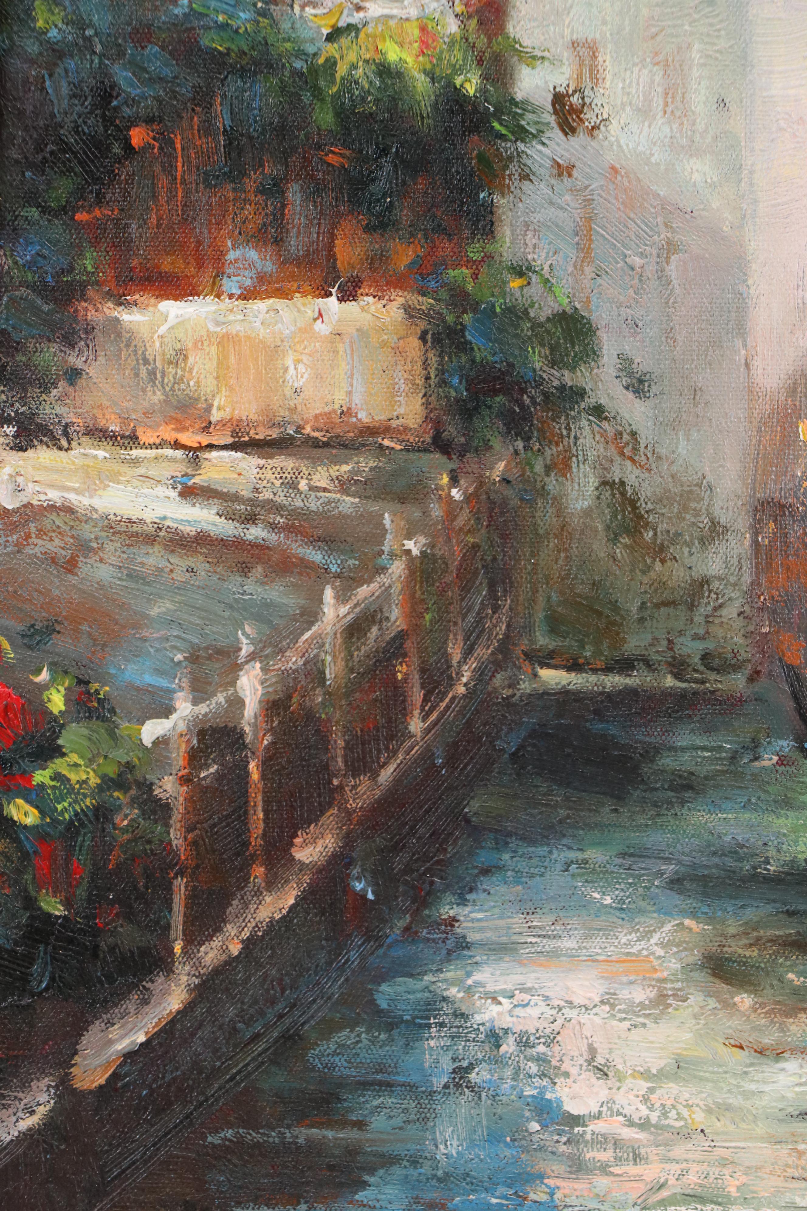 Cityscape Oil Painting of Venetian Canal with Gondola