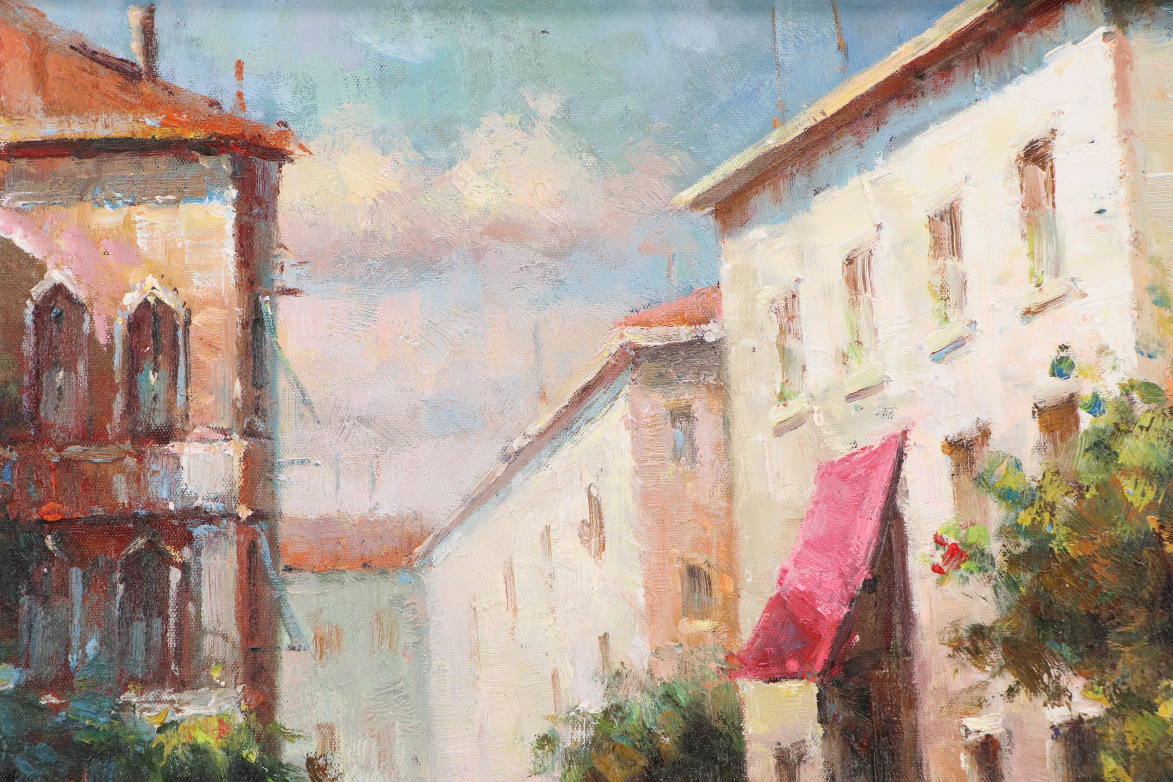 Cityscape Oil Painting of Venetian Canal with Gondola