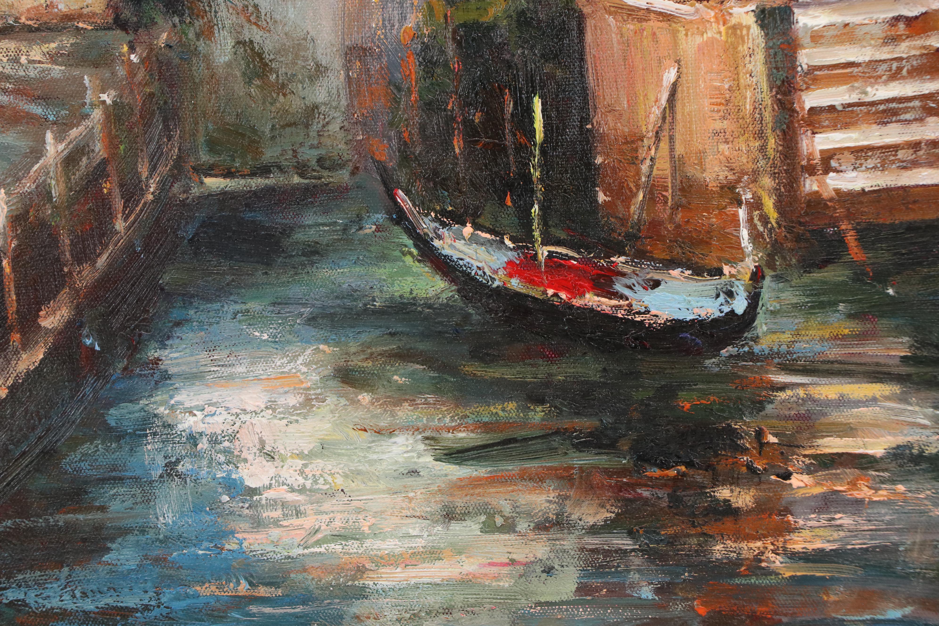 Cityscape Oil Painting of Venetian Canal with Gondola