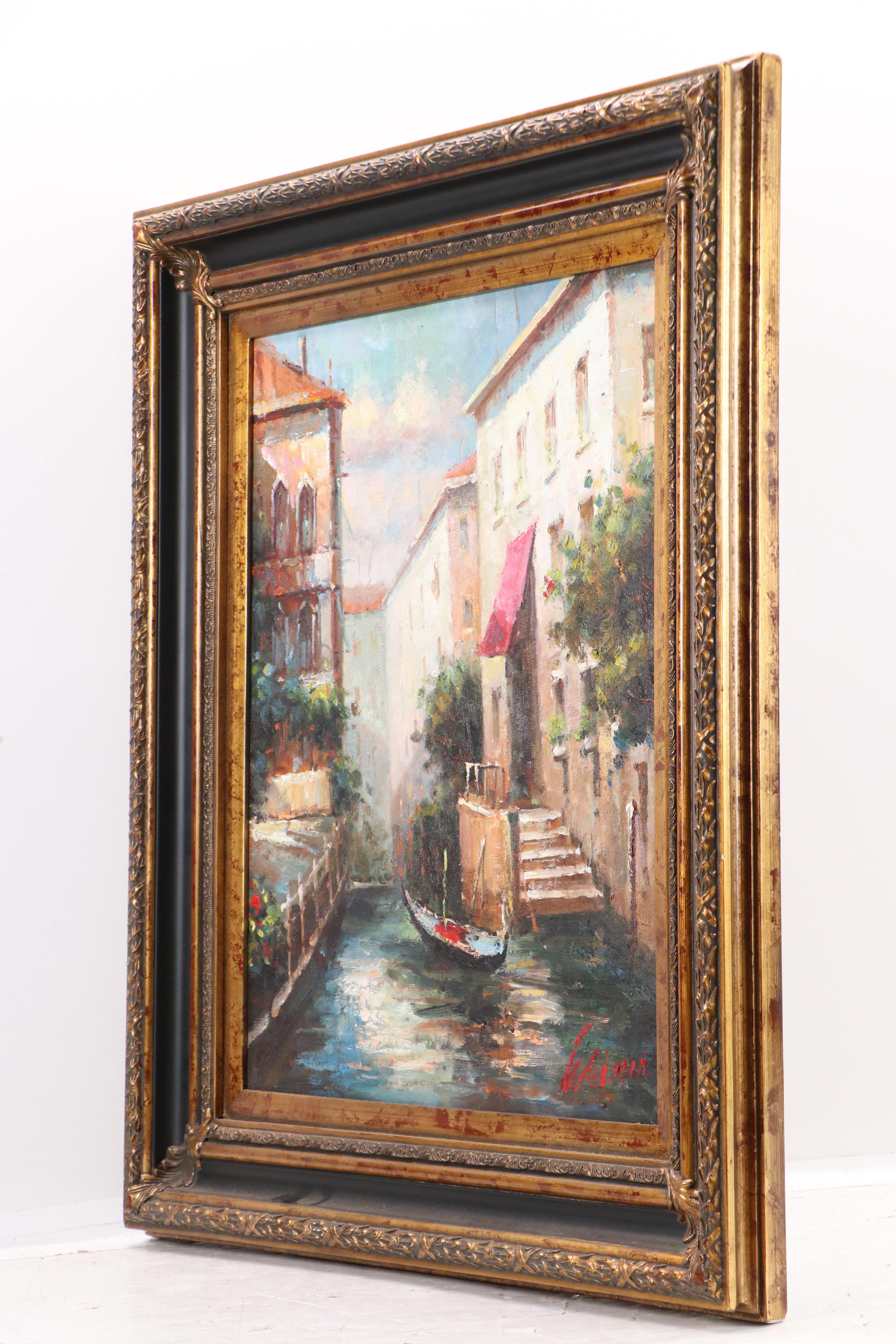 Cityscape Oil Painting of Venetian Canal with Gondola