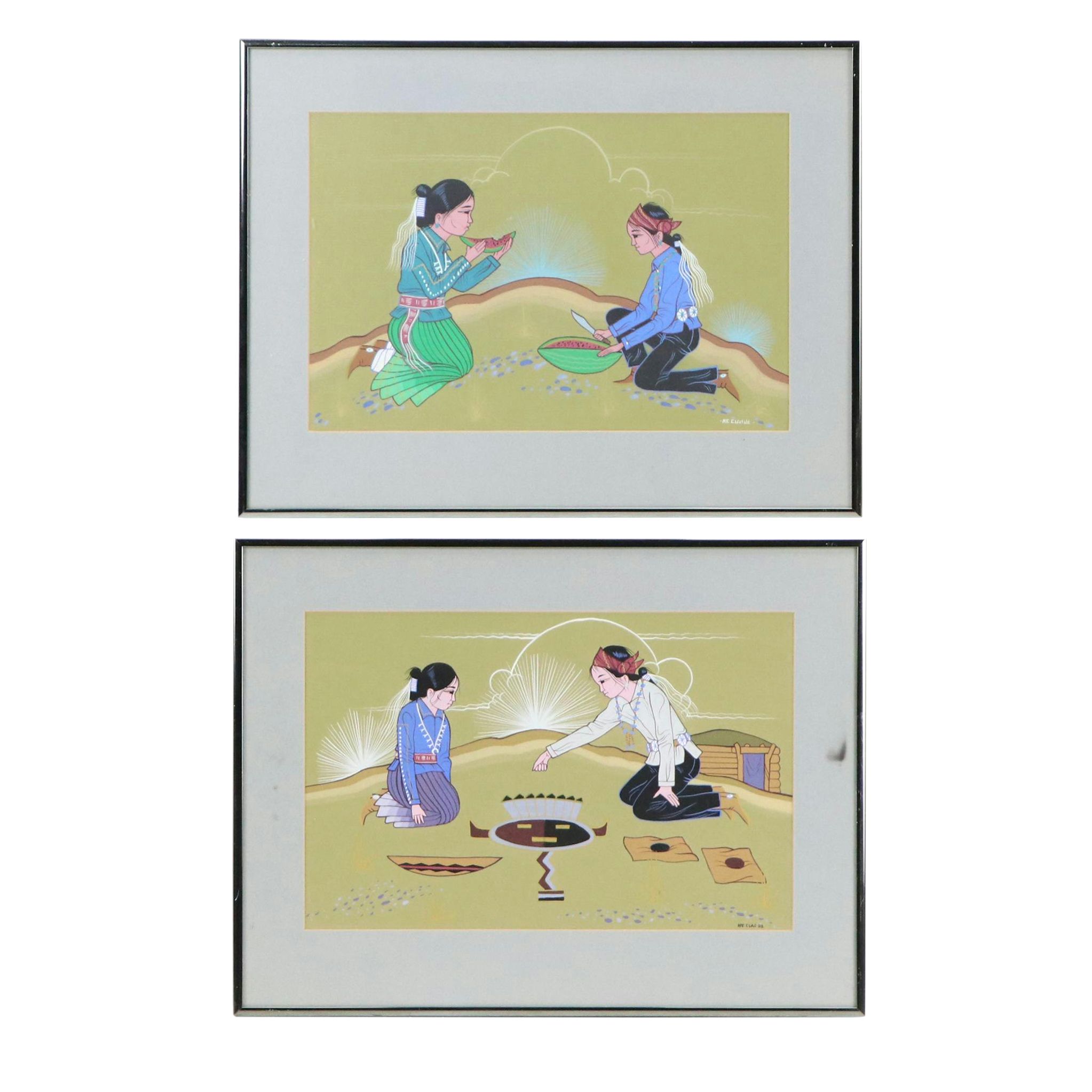 Ne Clah He Paintings of Seated Navajo Eating Watermelon and Sand Painting