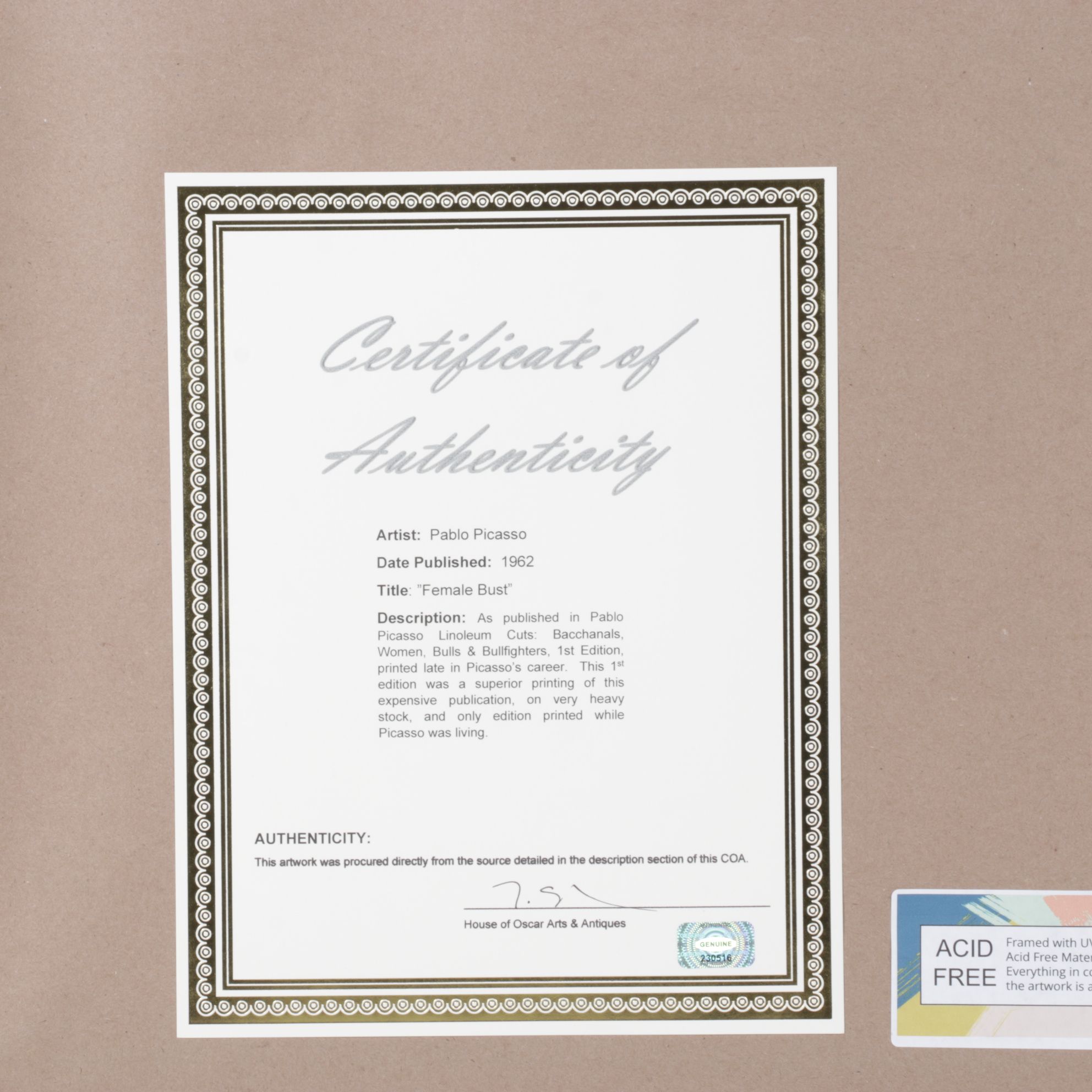 Pablo Picasso Linoleum Cut "Female Bust," 1962