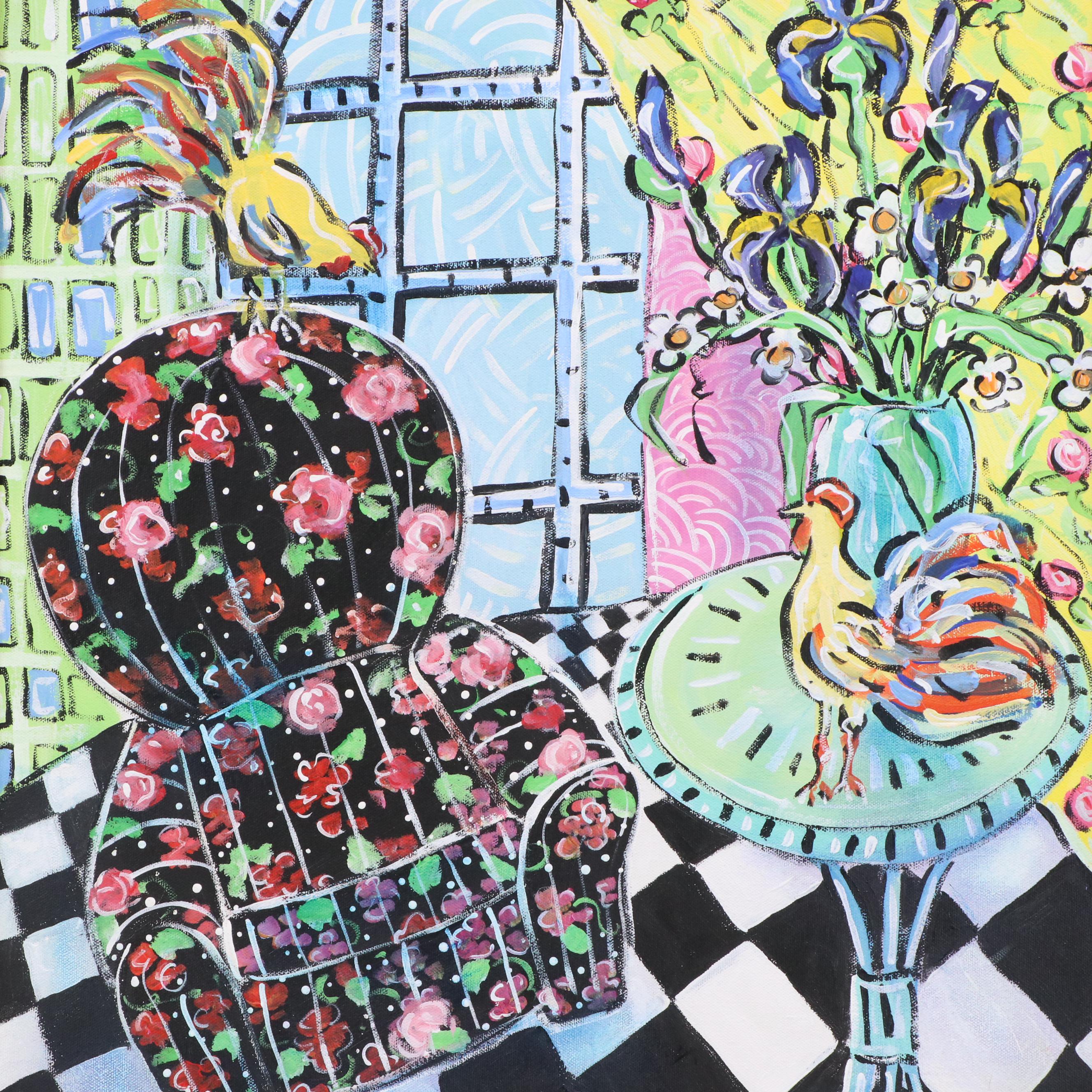 Fauvist Style Acrylic Painting of Interior with Chickens