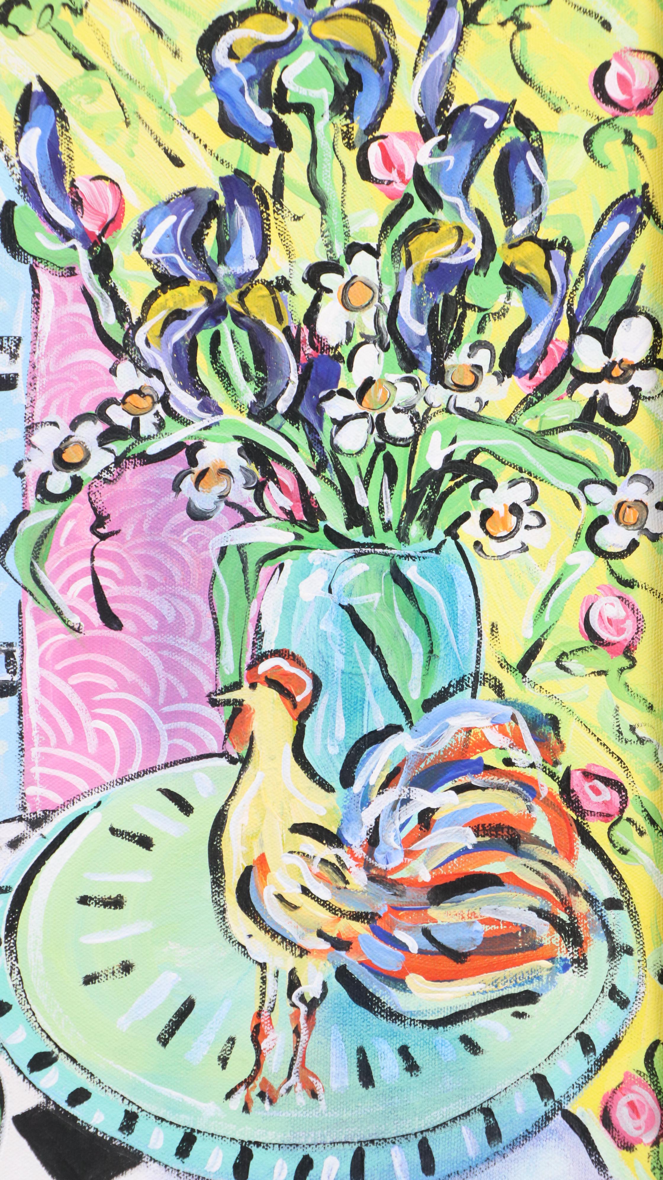 Fauvist Style Acrylic Painting of Interior with Chickens