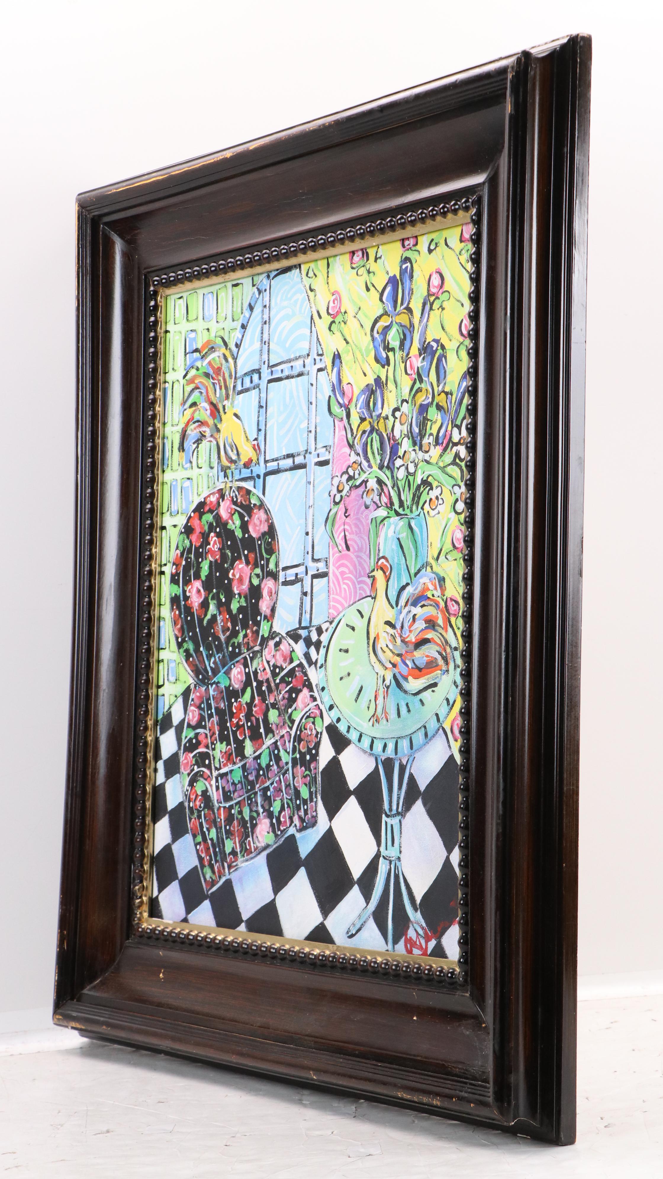 Fauvist Style Acrylic Painting of Interior with Chickens