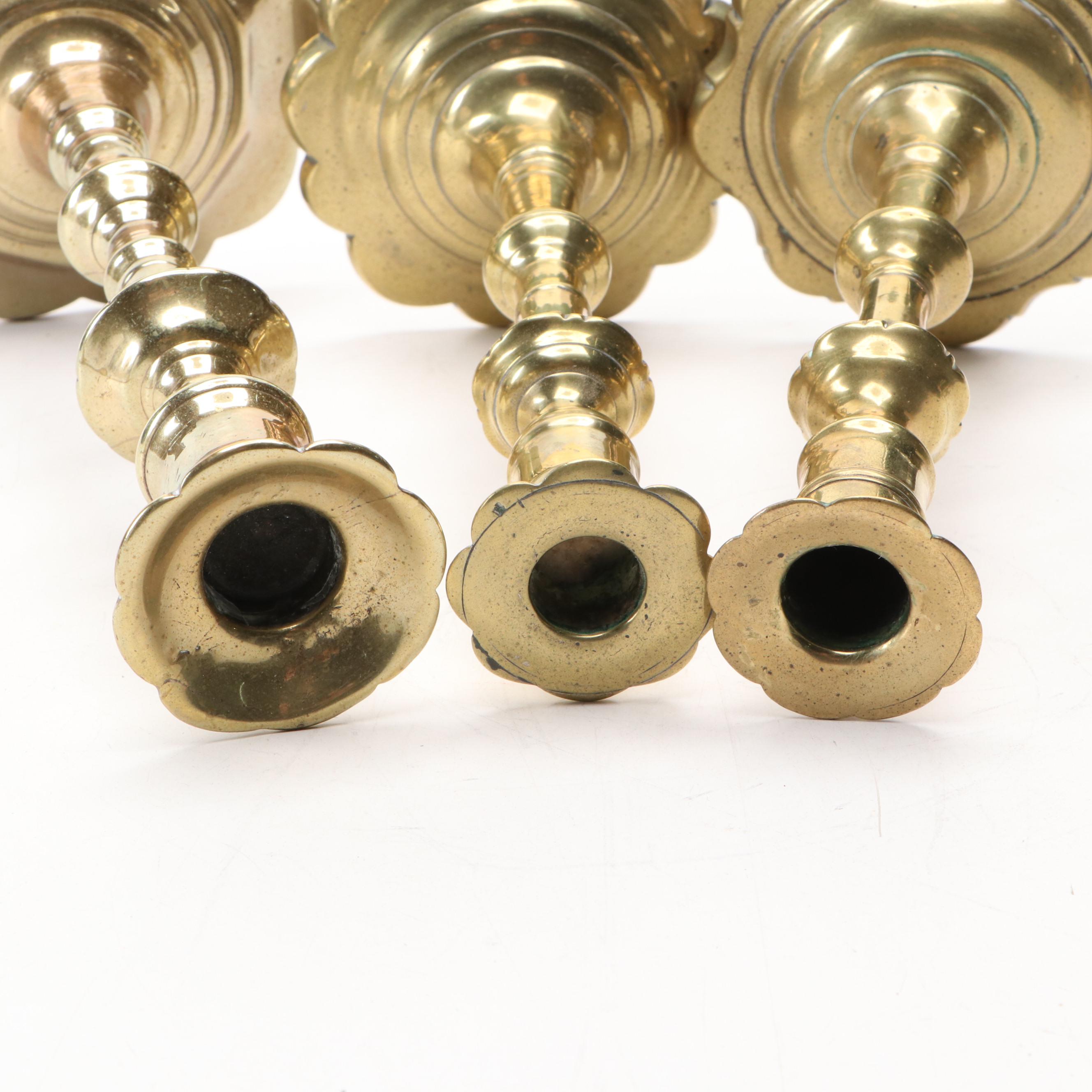 18th Century Queen Anne Brass Candlesticks with Brass Wick Trimmer, Match Safe