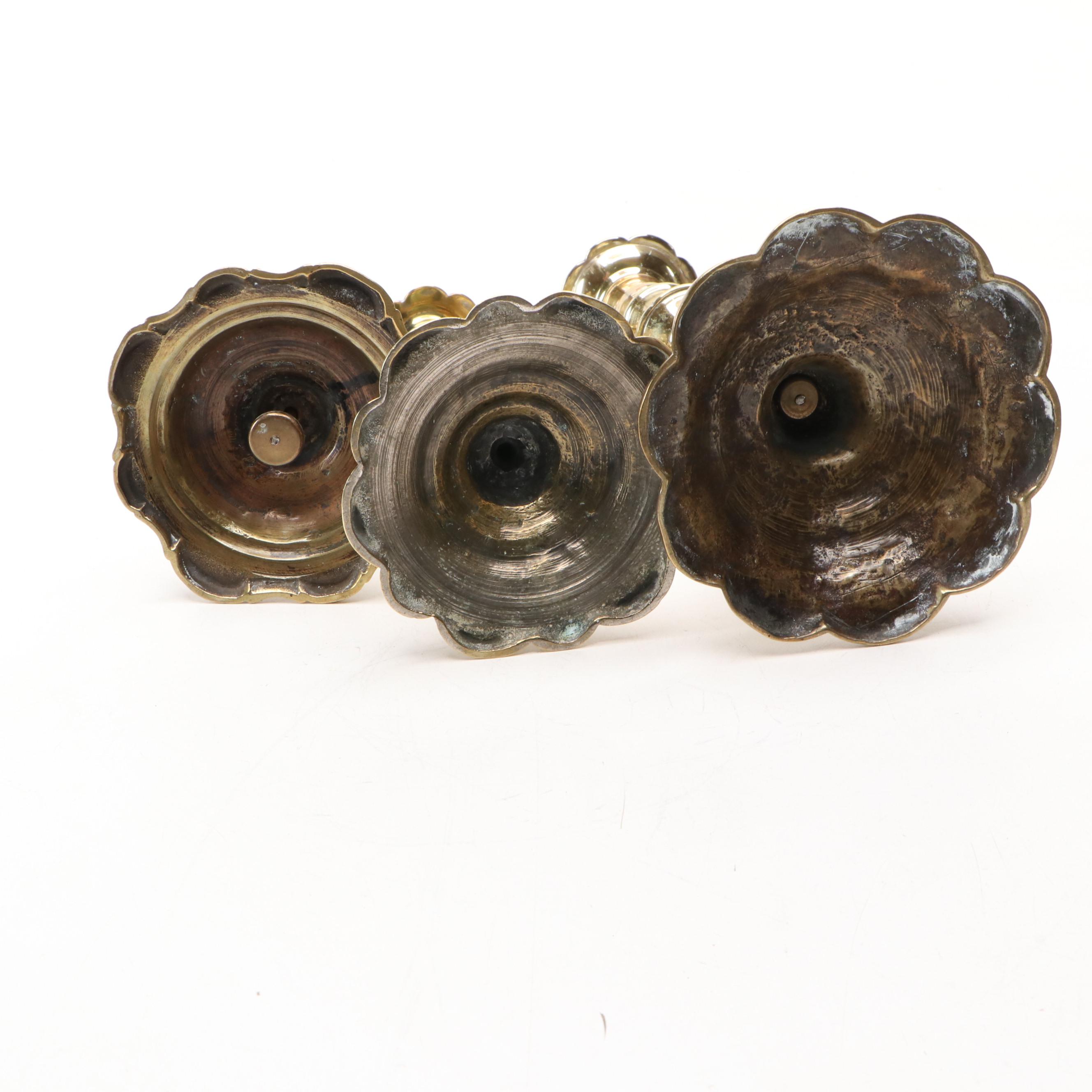 18th Century Queen Anne Brass Candlesticks with Brass Wick Trimmer, Match Safe