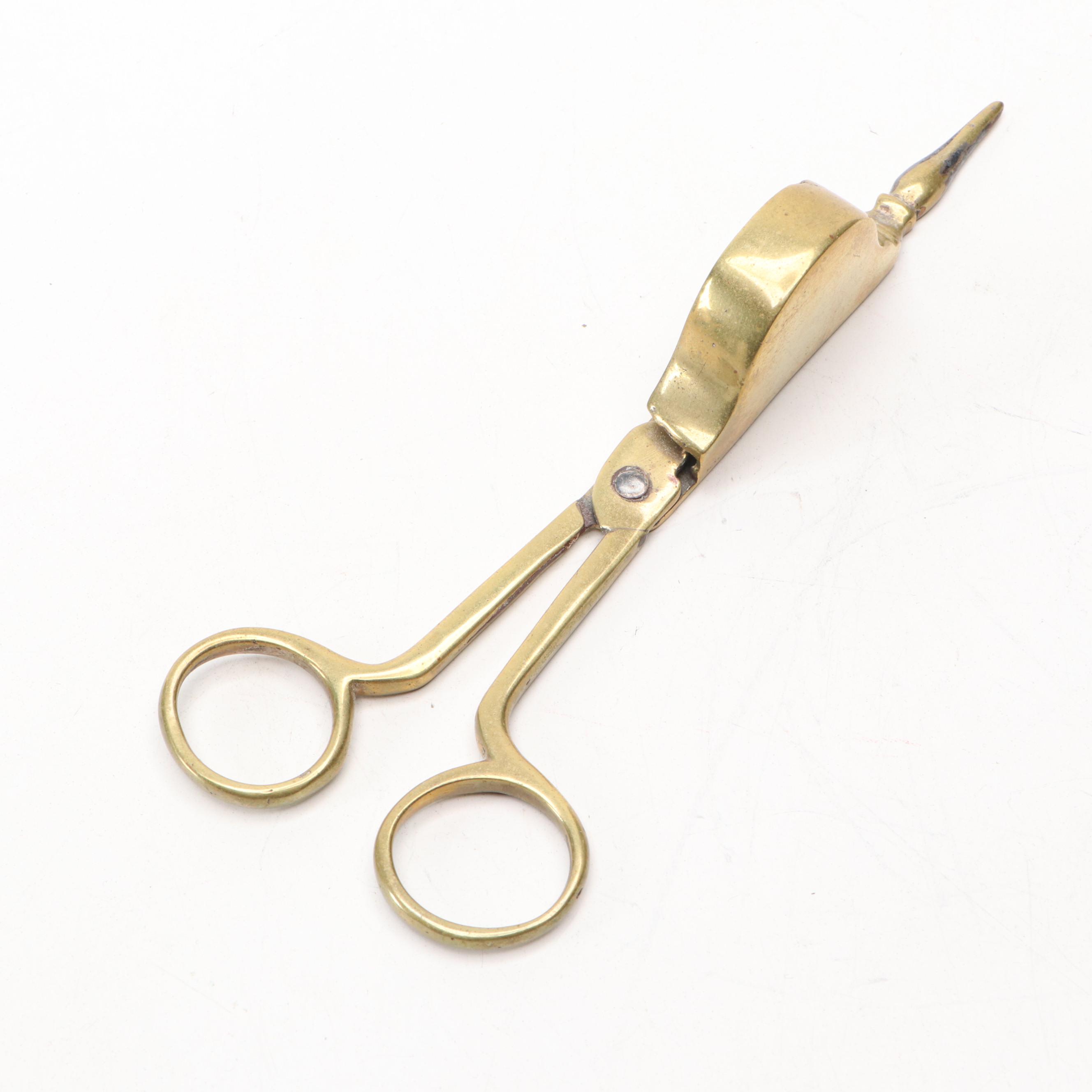 18th Century Queen Anne Brass Candlesticks with Brass Wick Trimmer, Match Safe