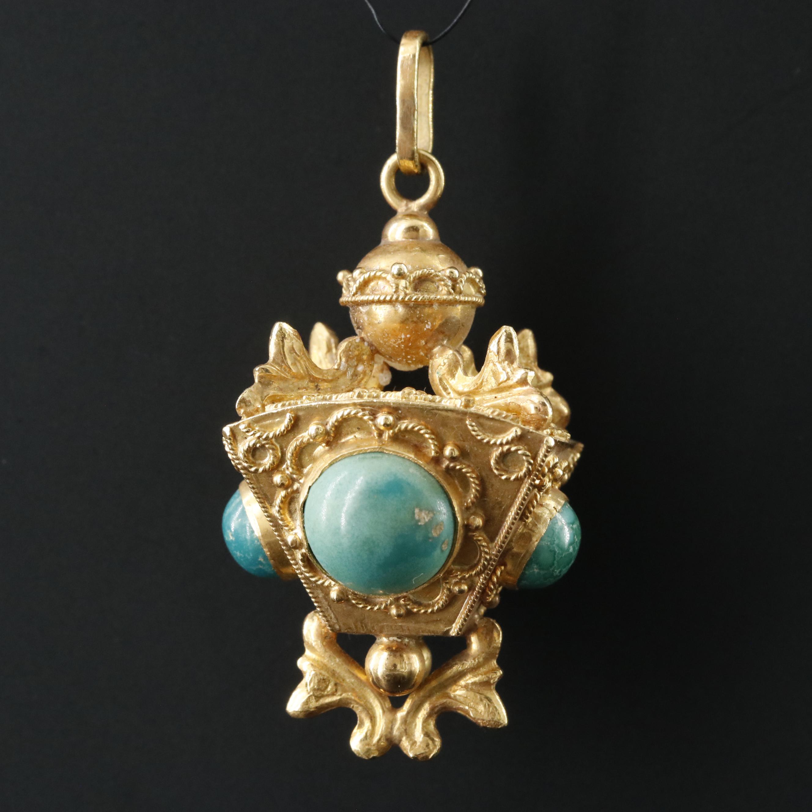 Vintage Italian Etruscan Revival 18K Turquoise Fob Charm