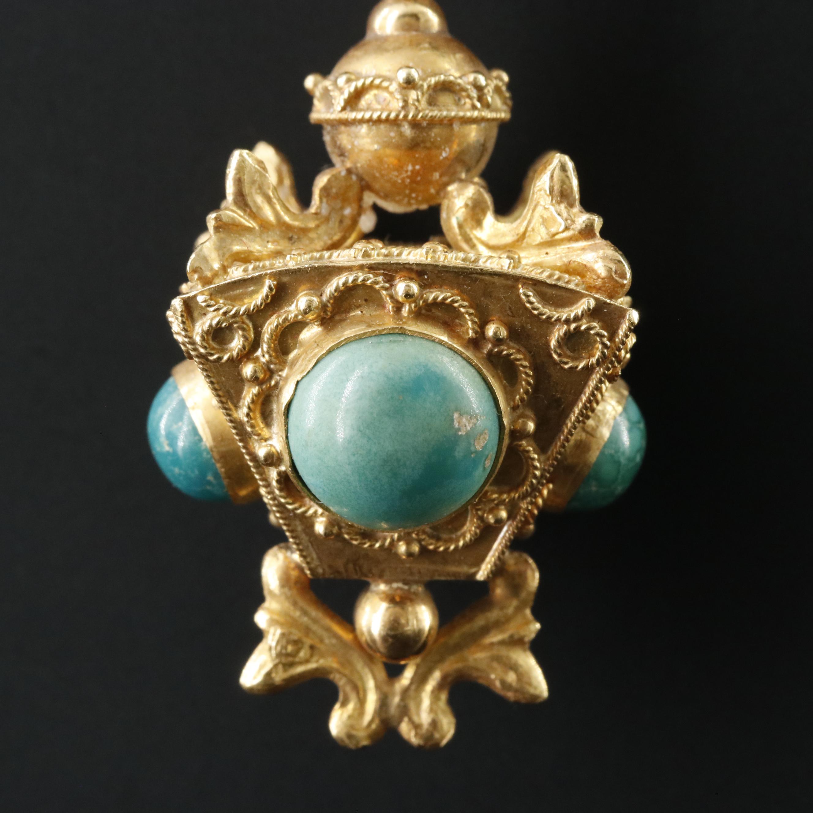 Vintage Italian Etruscan Revival 18K Turquoise Fob Charm