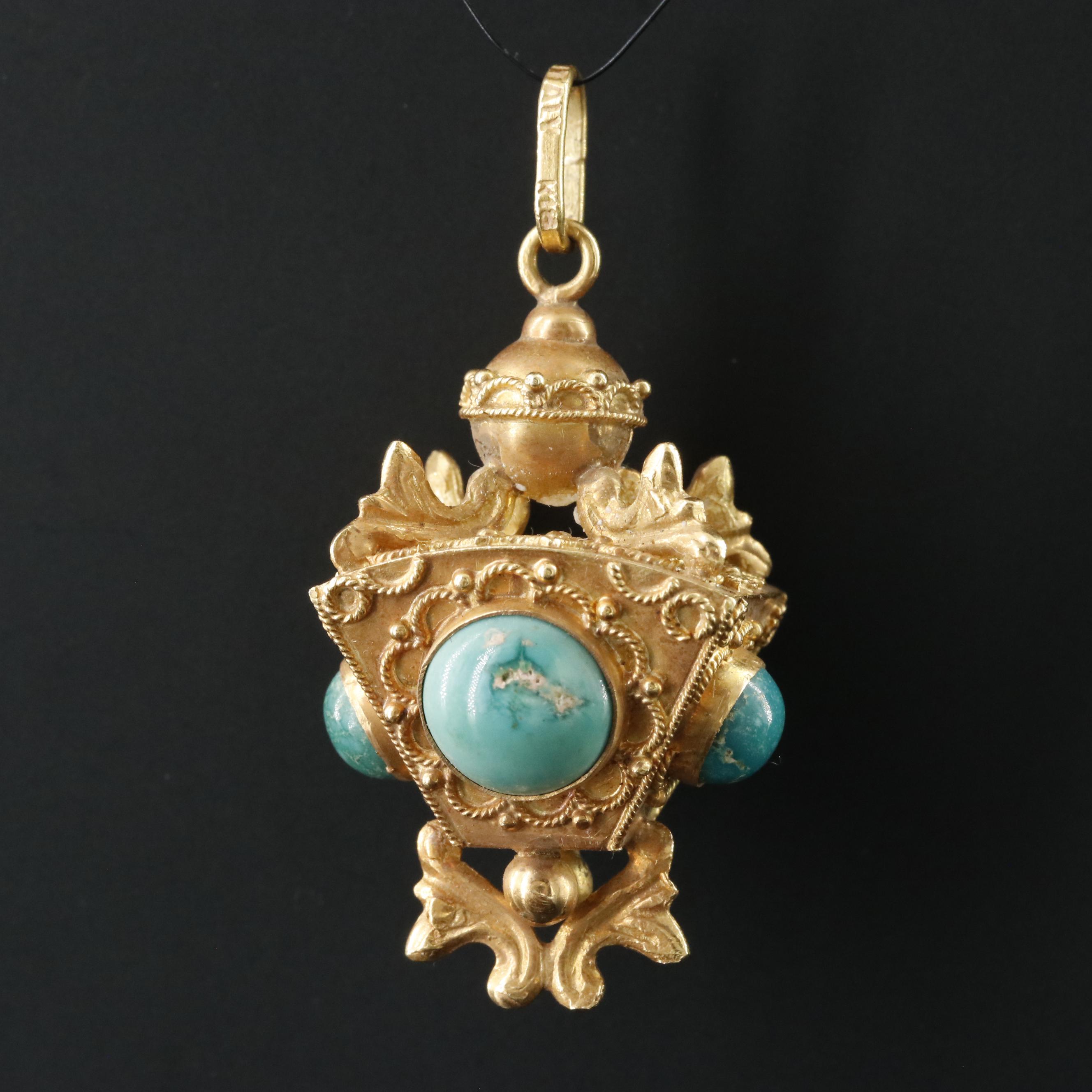 Vintage Italian Etruscan Revival 18K Turquoise Fob Charm