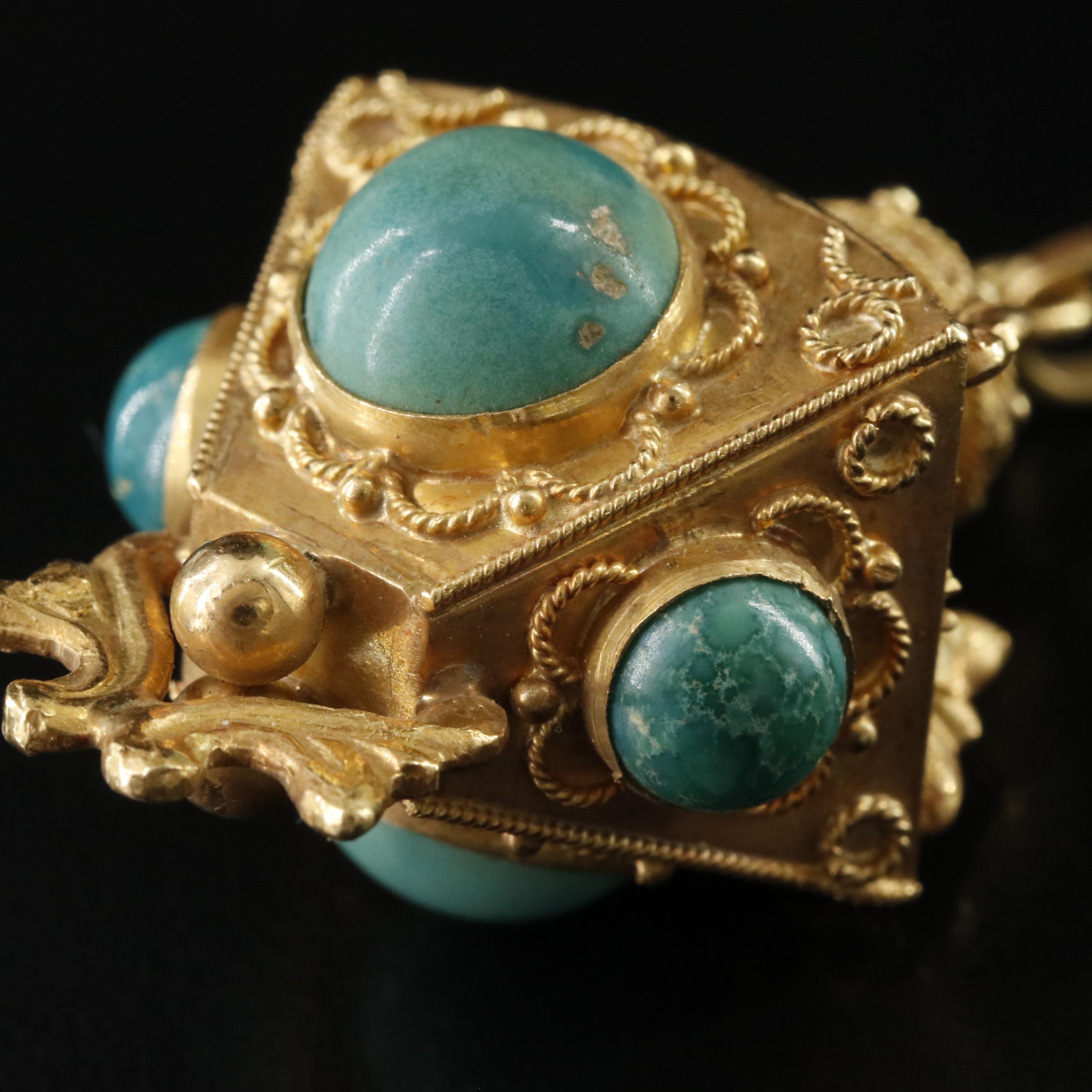 Vintage Italian Etruscan Revival 18K Turquoise Fob Charm