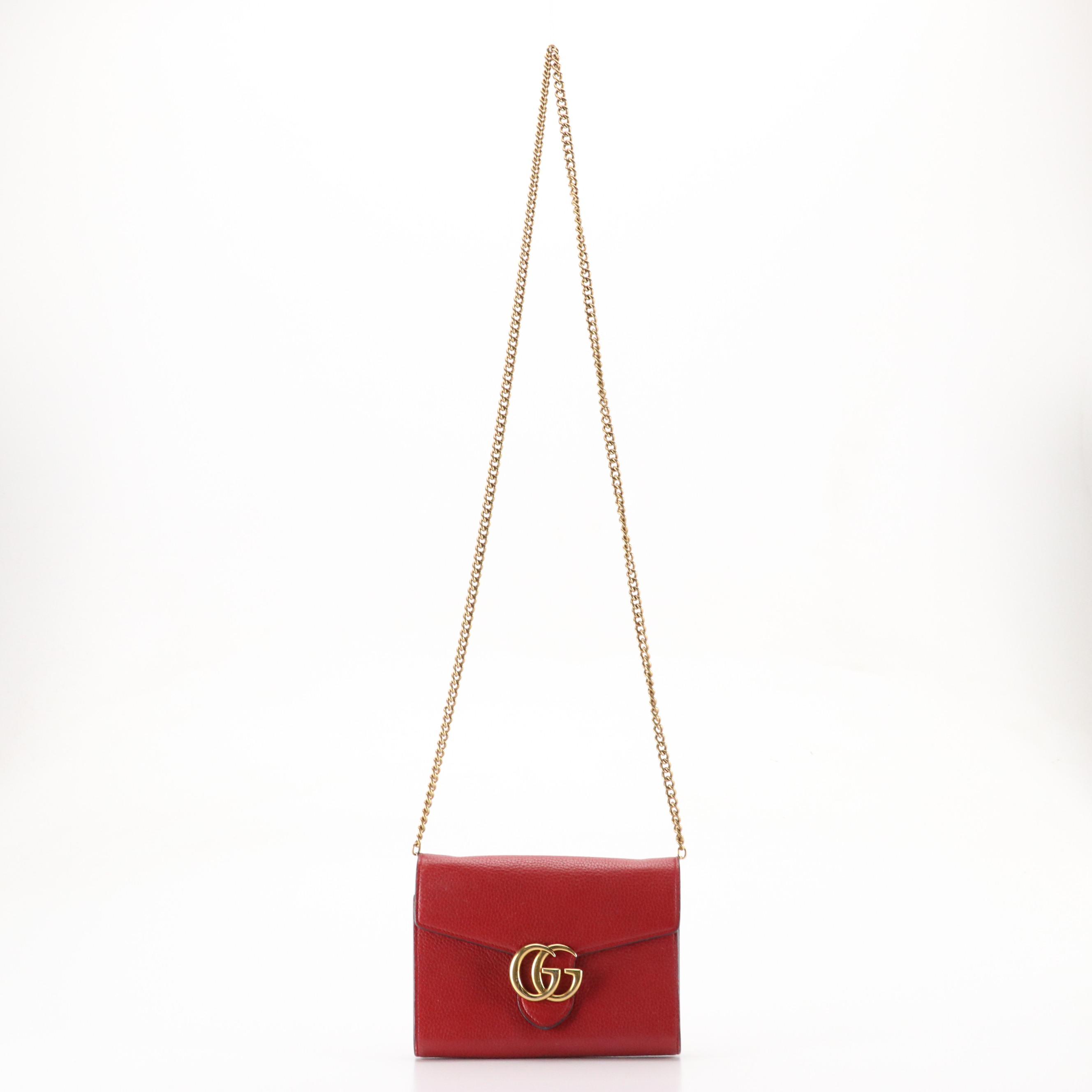 Gucci GG Marmont Wallet on Chain Crossbody Bag in Red Grained Calfskin