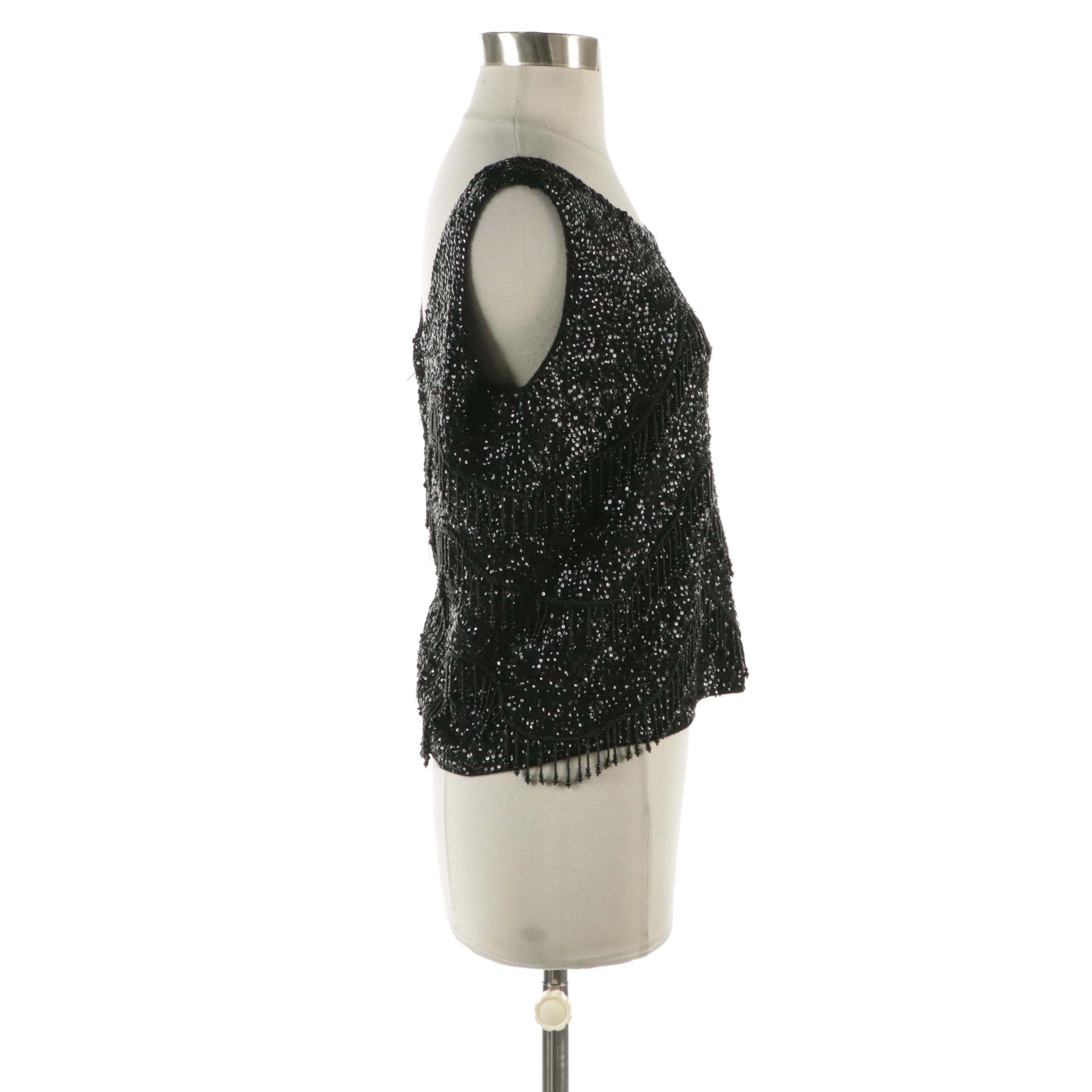 Black Sequined and Beaded Knit Sleeveless Top