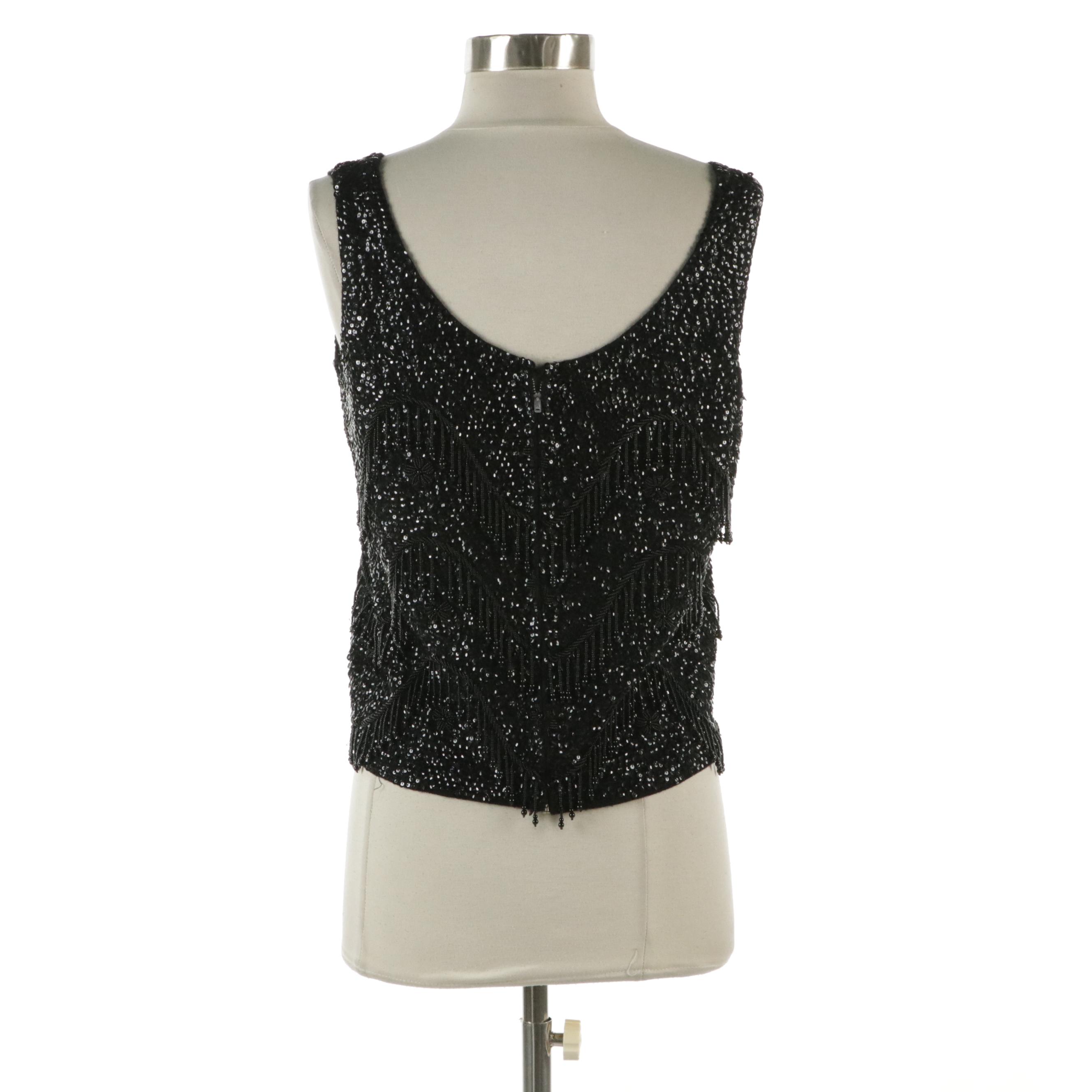 Black Sequined and Beaded Knit Sleeveless Top