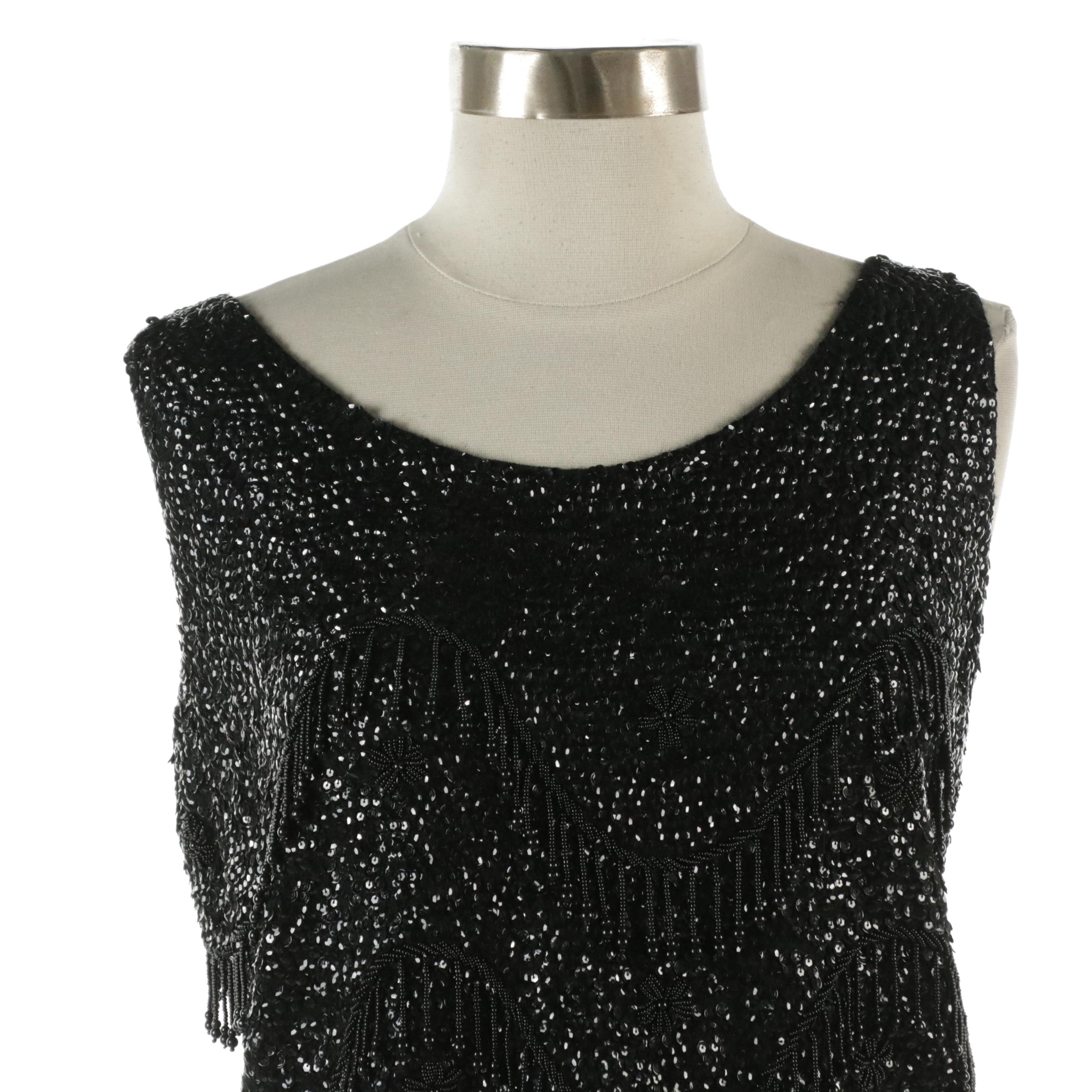 Black Sequined and Beaded Knit Sleeveless Top