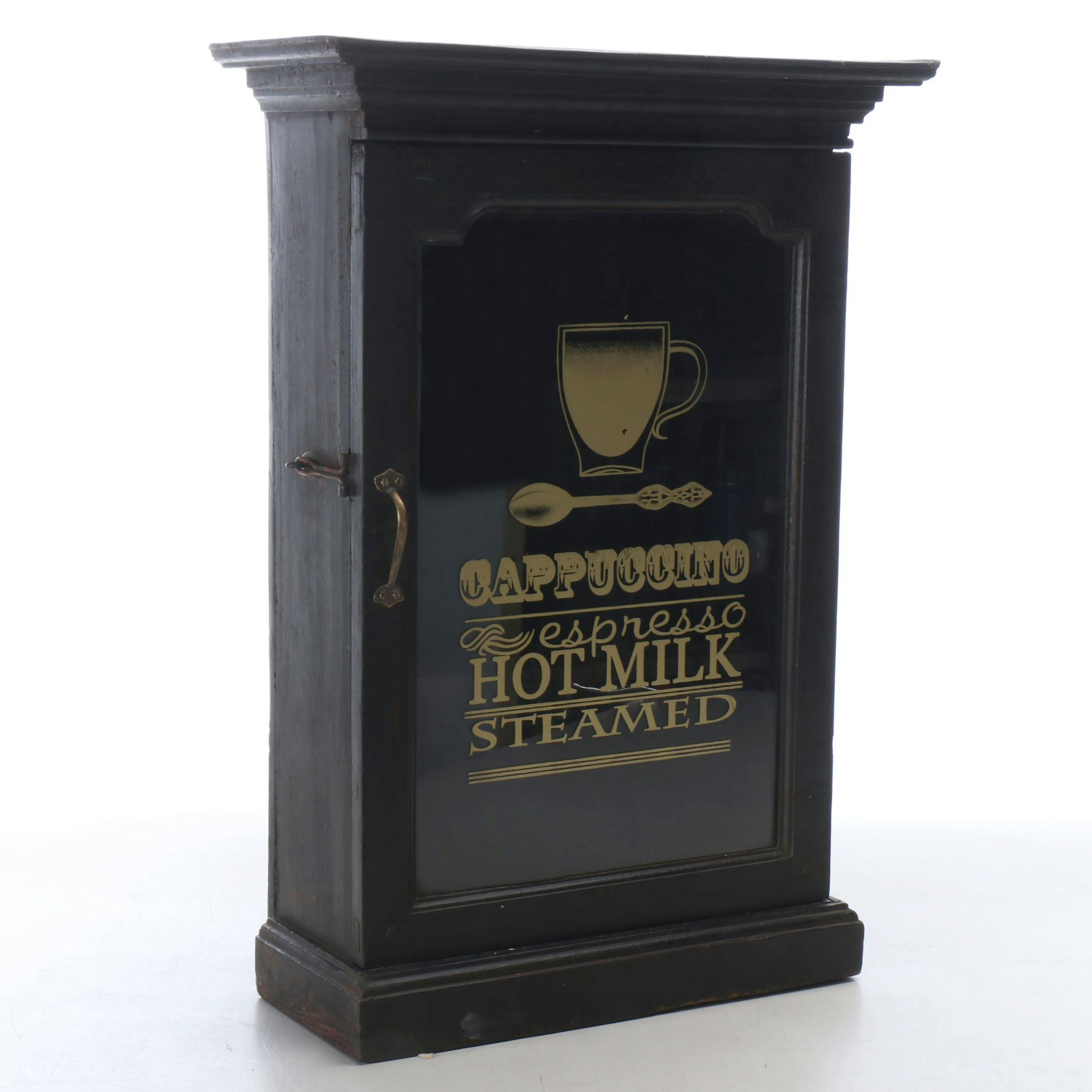 Vintage Wooden Cupboard with "Cappuccino" Decal to Glass Door