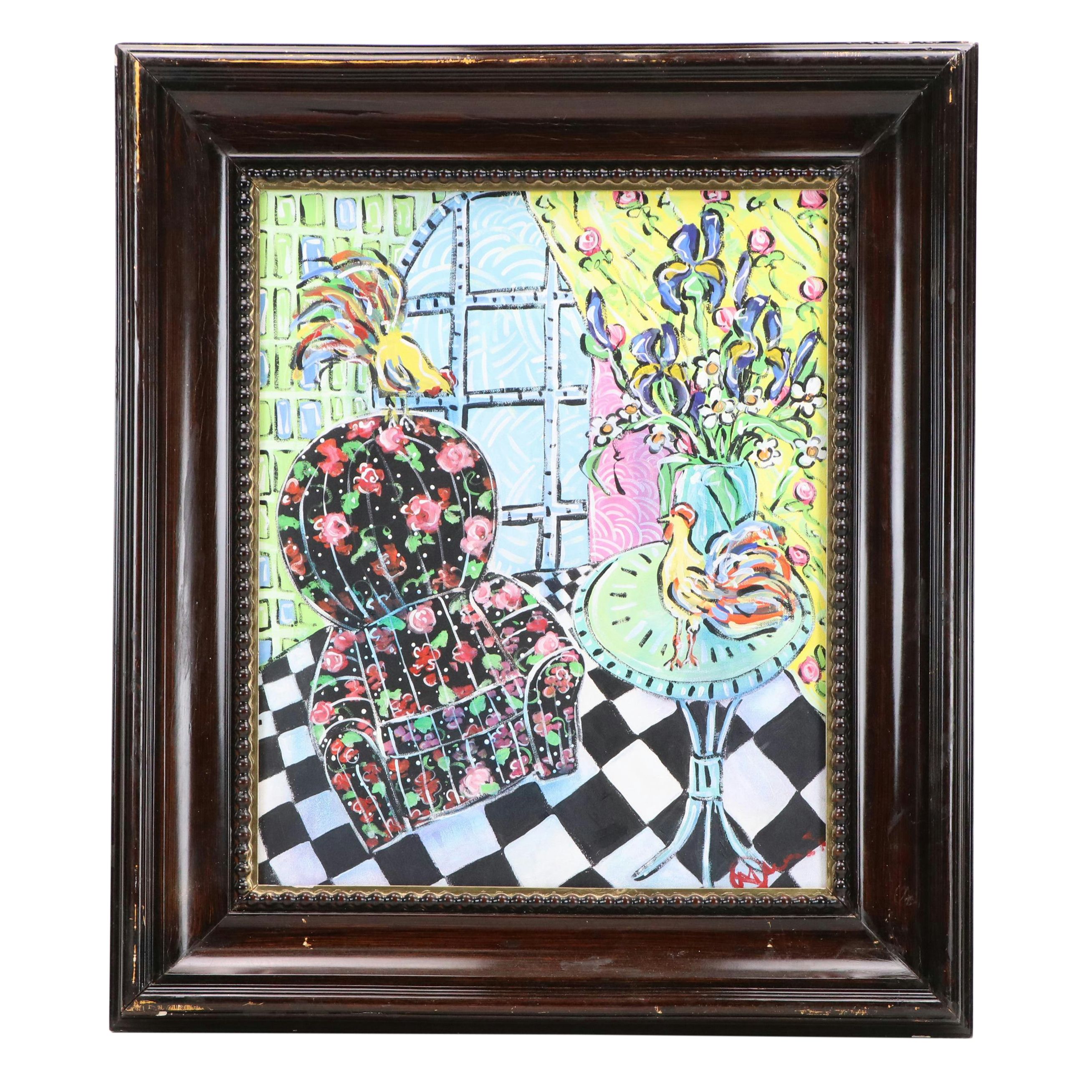 Fauvist Style Acrylic Painting of Interior with Chickens