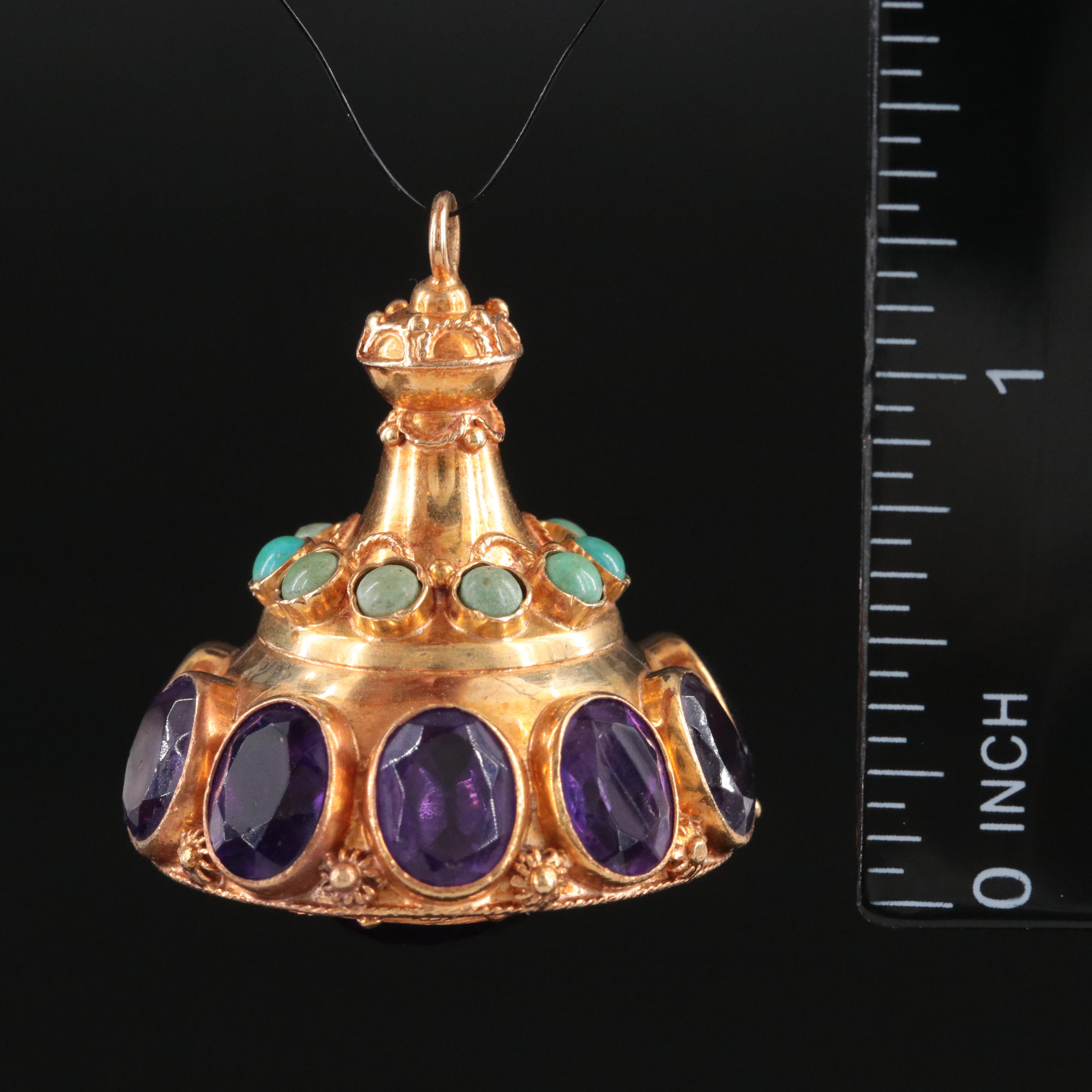 Vintage Etruscan Revival 18K Amethyst and Turquoise Fob Charm