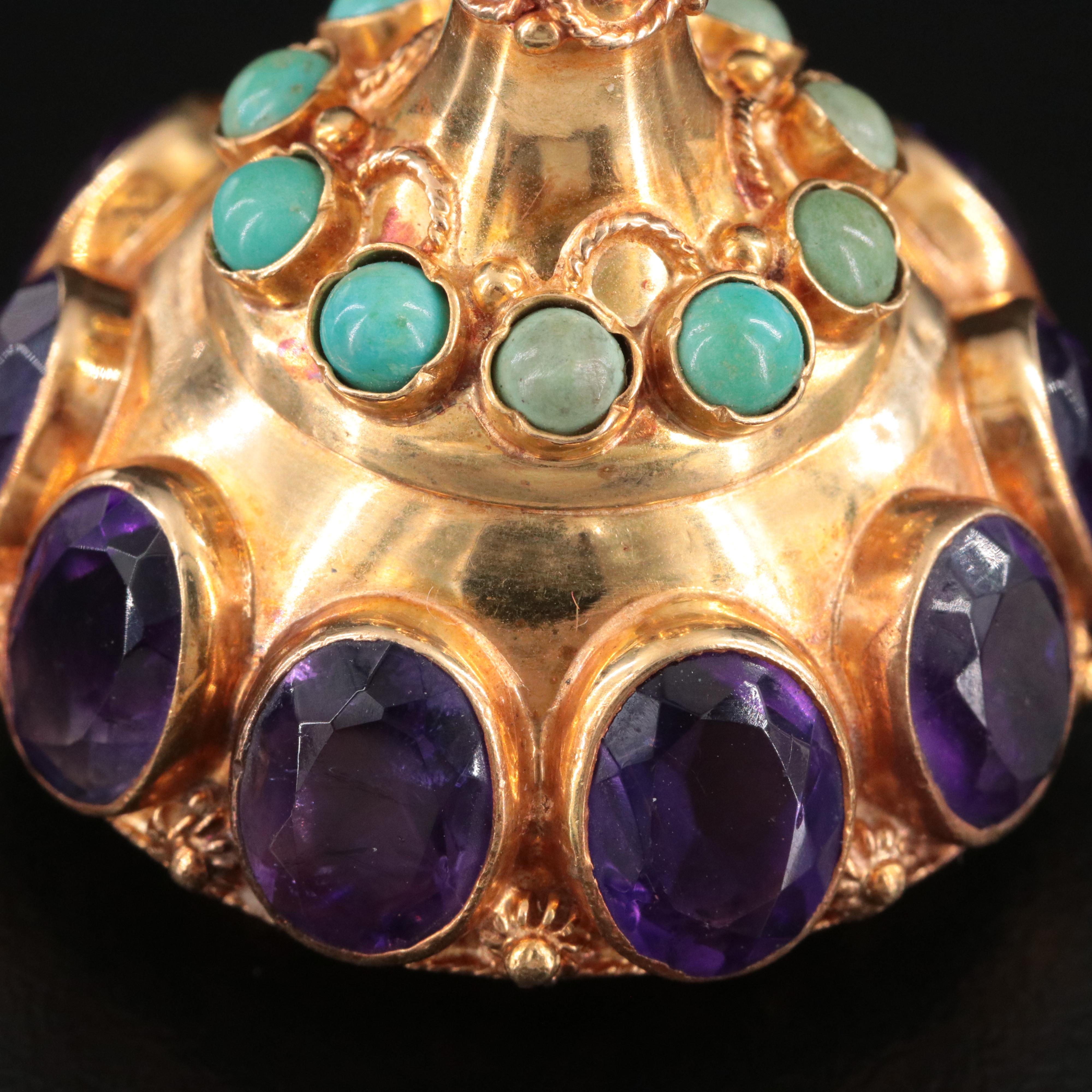 Vintage Etruscan Revival 18K Amethyst and Turquoise Fob Charm