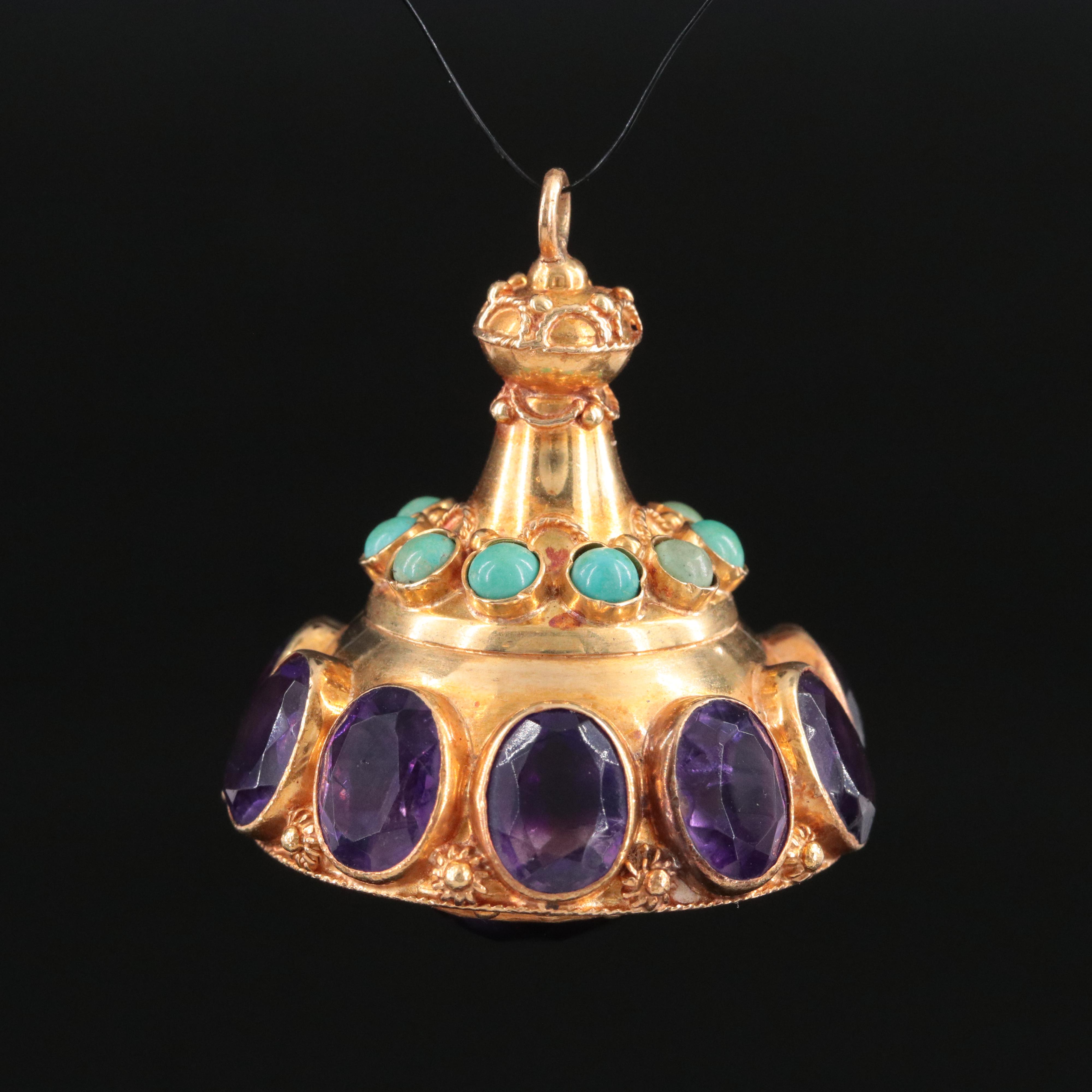 Vintage Etruscan Revival 18K Amethyst and Turquoise Fob Charm