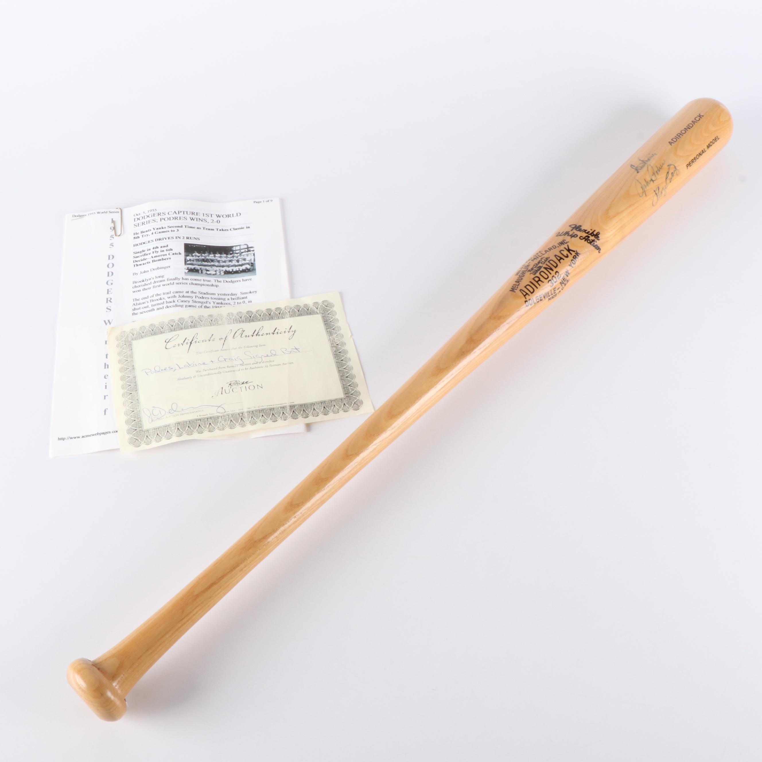 1955 World Series Brooklyn Dodgers Signed Baseball Bat, Podres, Labine, Craig