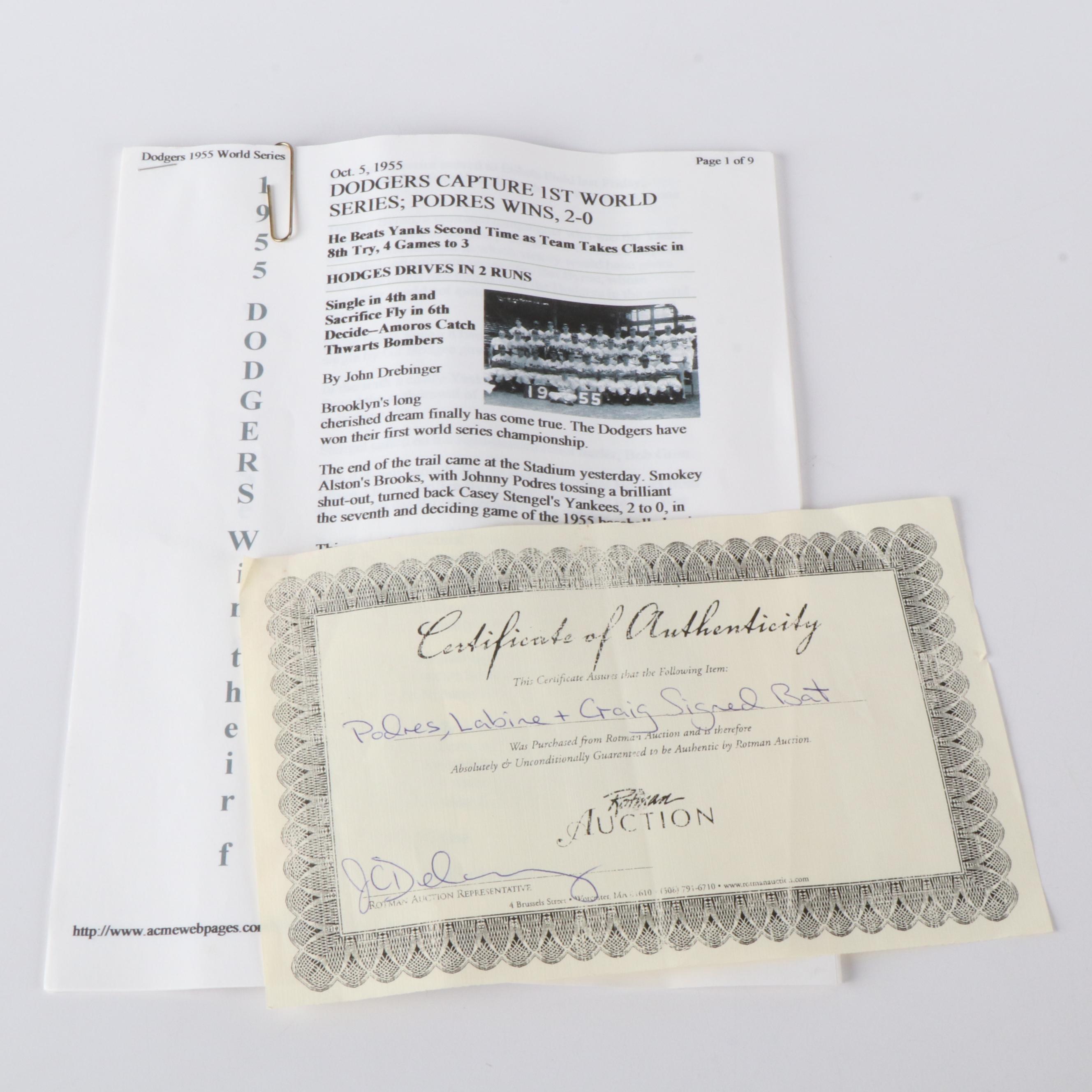 1955 World Series Brooklyn Dodgers Signed Baseball Bat, Podres, Labine, Craig