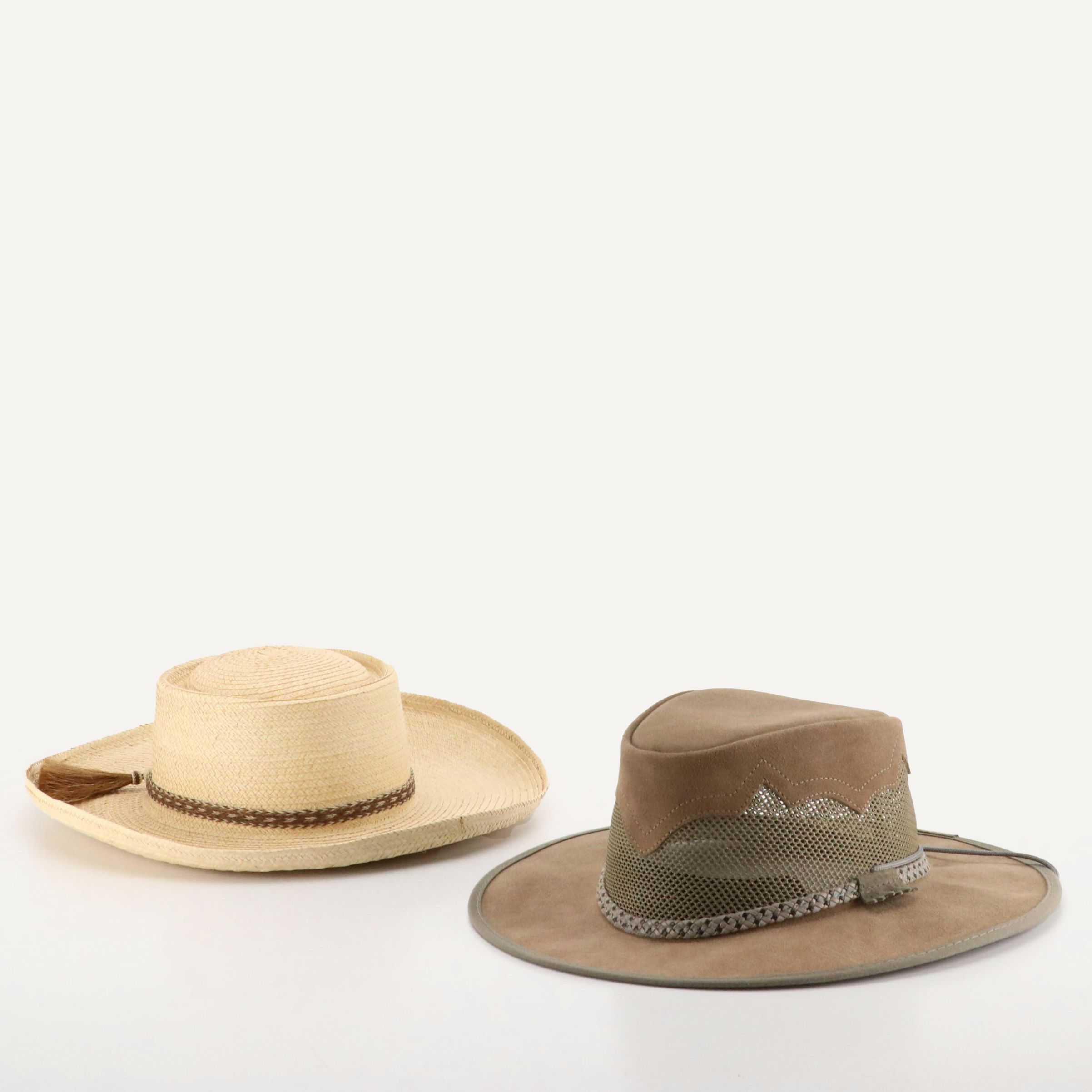 Sirroco Mesh Paneled Leather Sun Hat, Other Woven Palm Leaf Wide Brim Hat