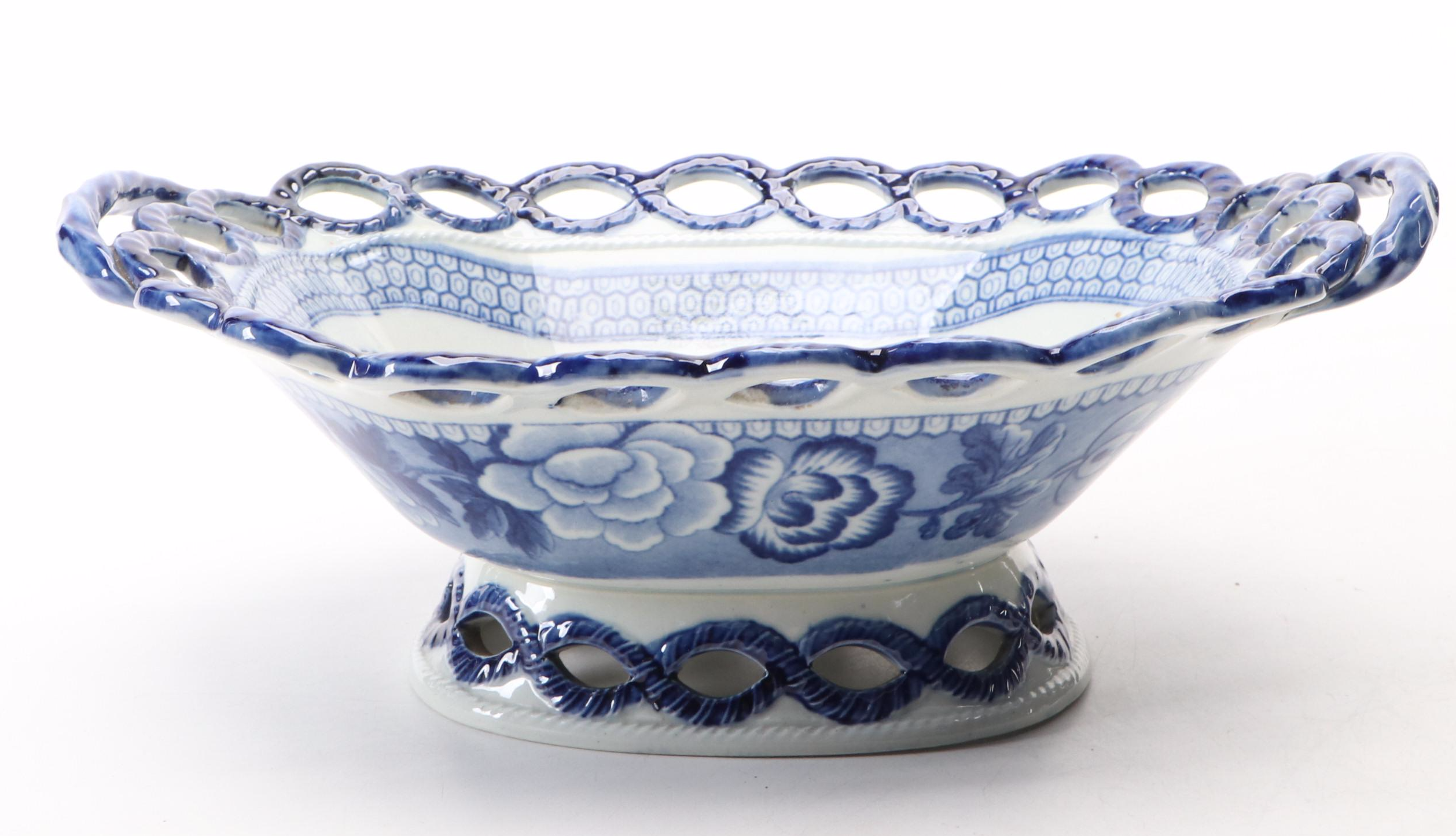 Historical Staffordshire "Riley" Blue Transferware Pierced Basket
