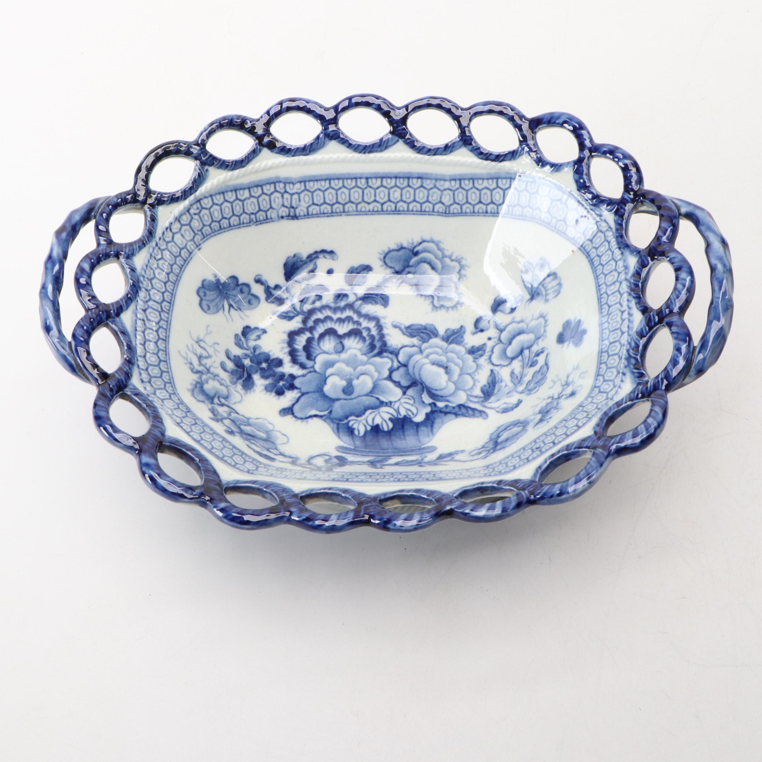 Historical Staffordshire "Riley" Blue Transferware Pierced Basket