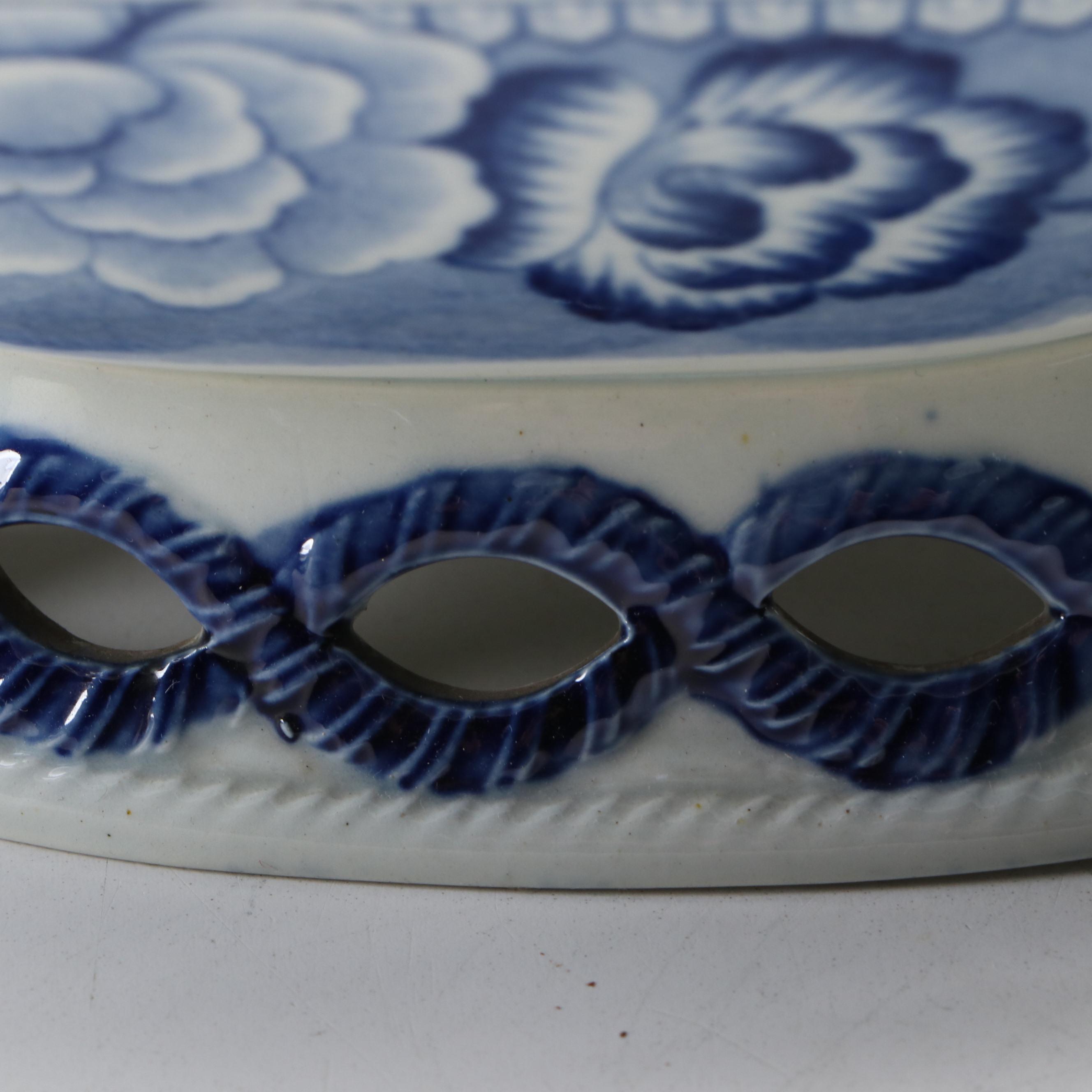 Historical Staffordshire "Riley" Blue Transferware Pierced Basket