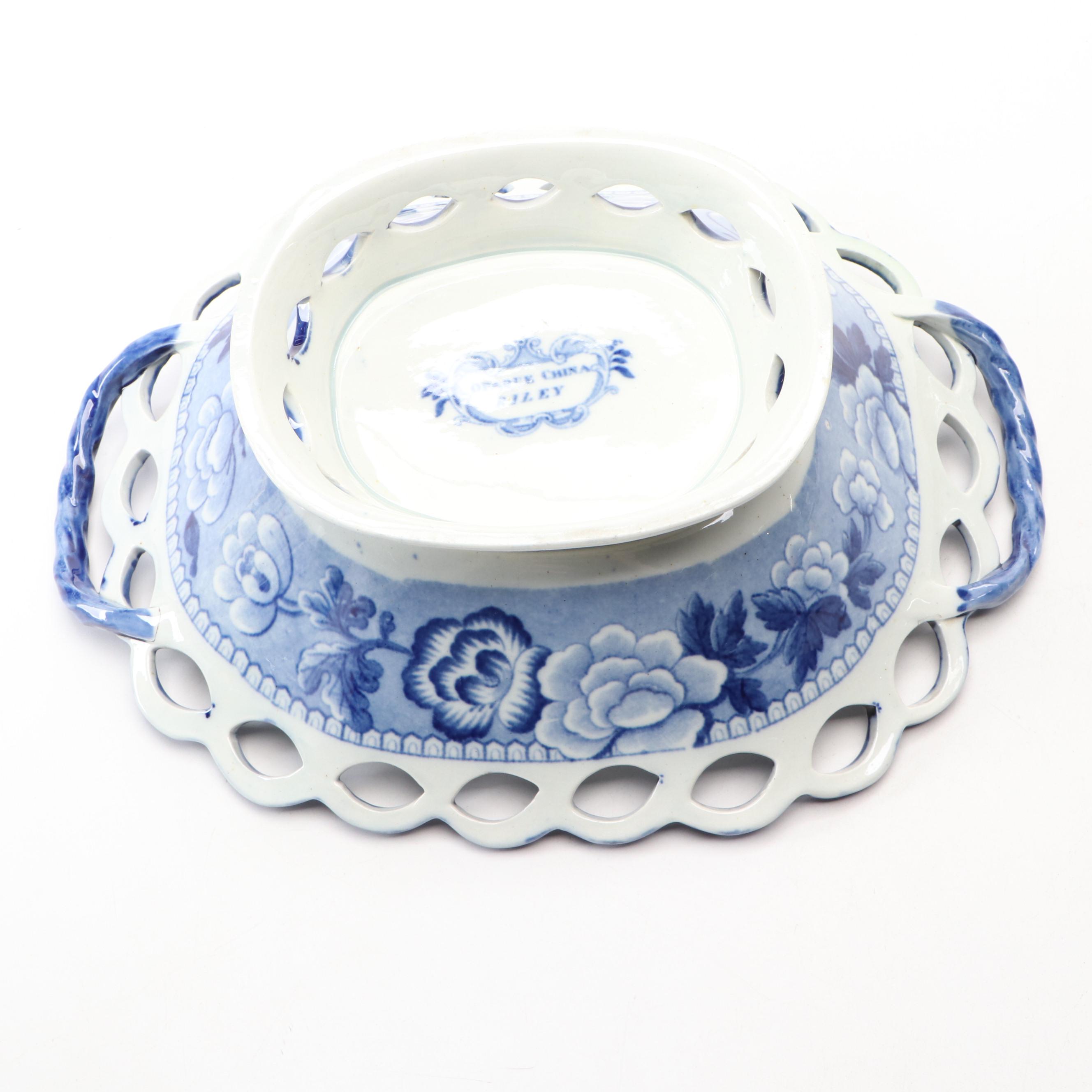 Historical Staffordshire "Riley" Blue Transferware Pierced Basket