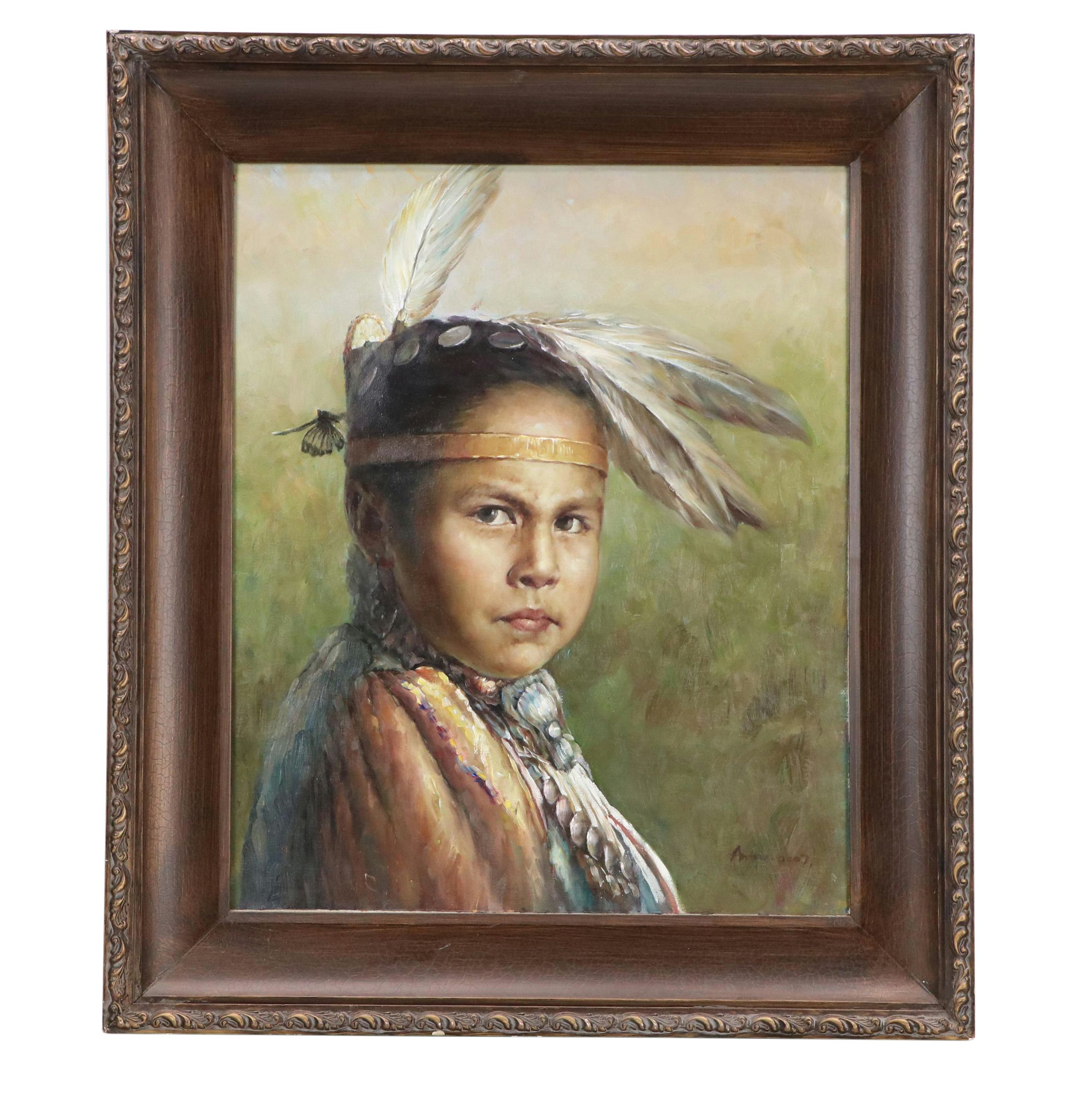 Portrait Oil Painting of Young Native American Boy, 2007