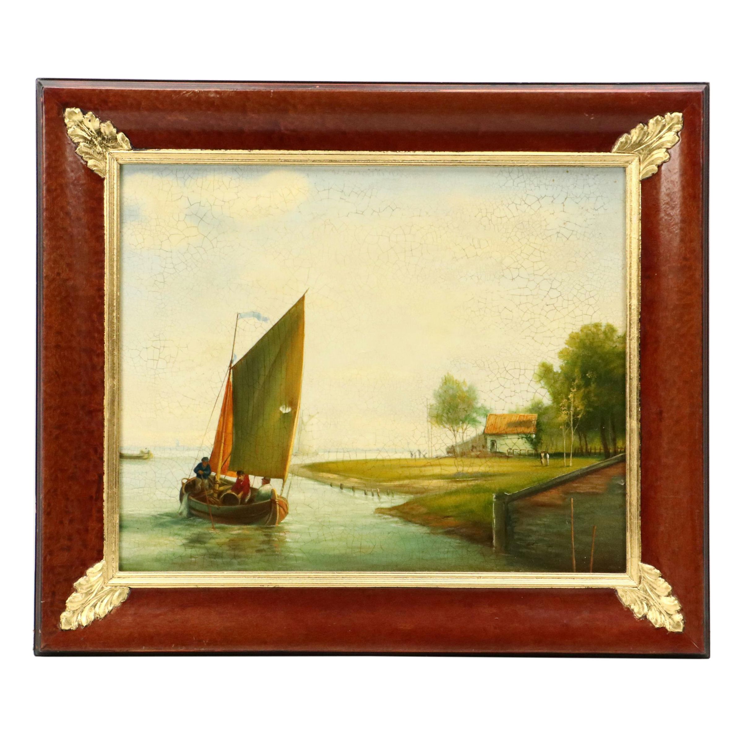 Beachfront Landscape Oil Painting of Fishing Scene