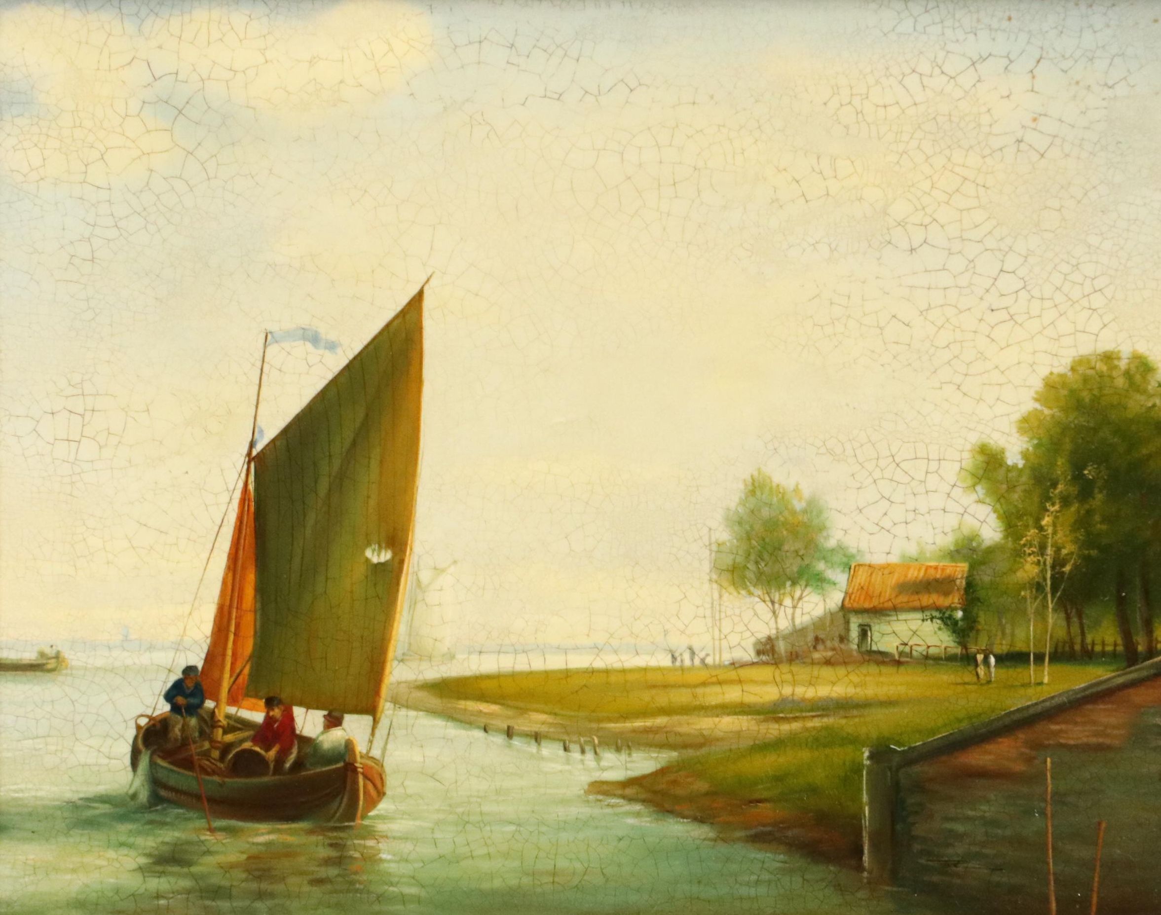 Beachfront Landscape Oil Painting of Fishing Scene