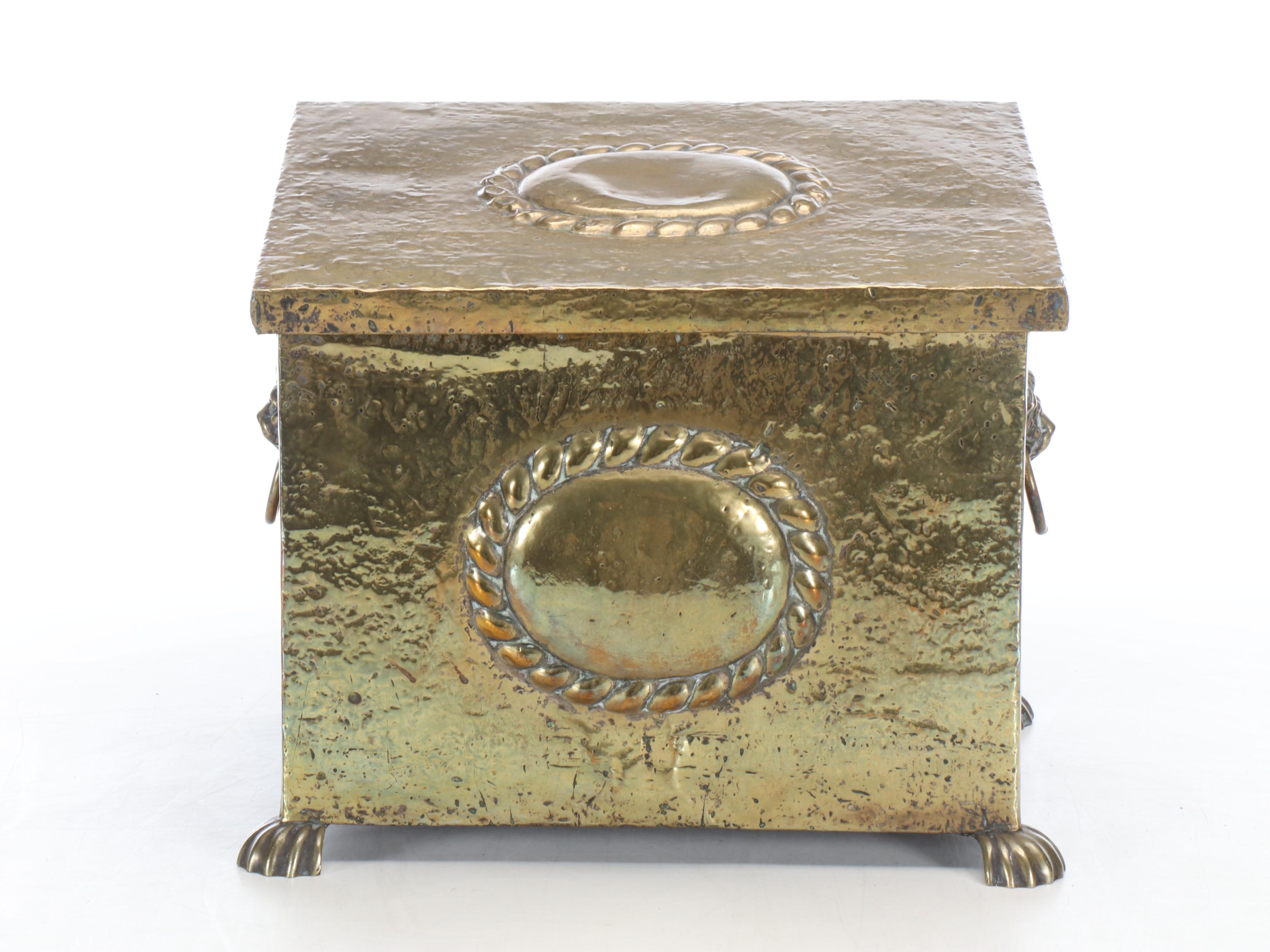 Victorian Style Brass and Horn Bellows and Brass Cast Wood Log Storage Box