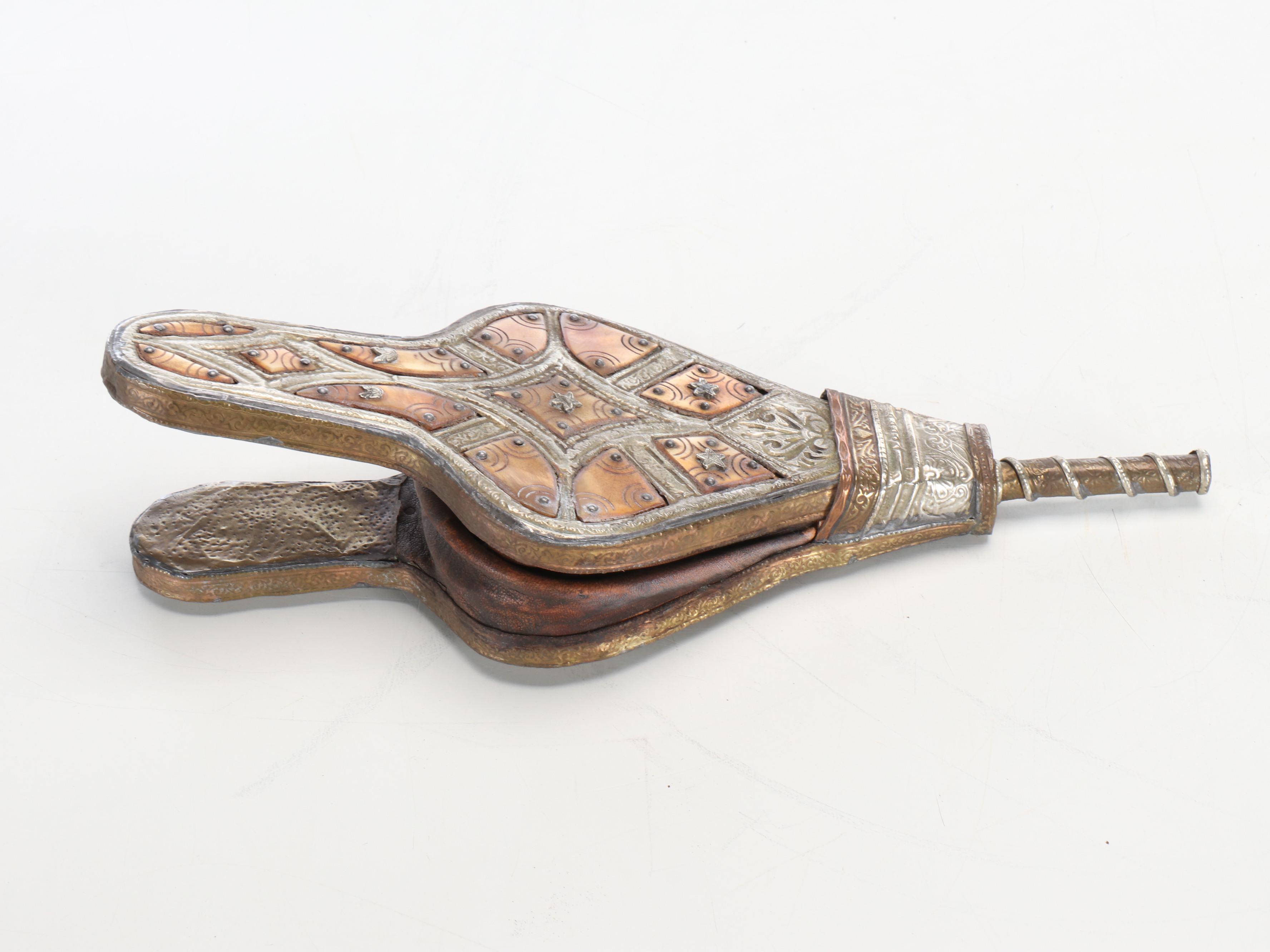 Victorian Style Brass and Horn Bellows and Brass Cast Wood Log Storage Box