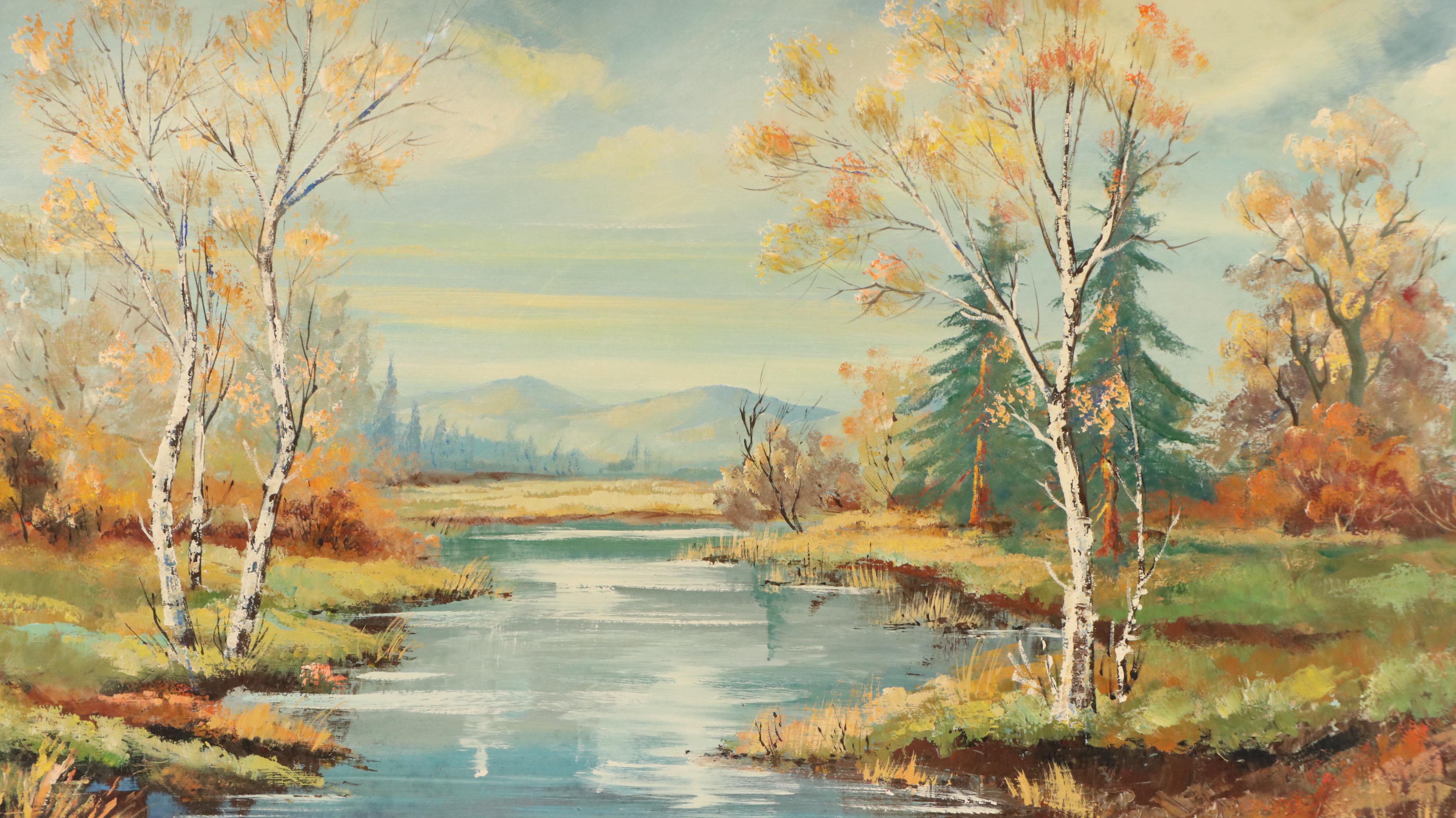M. Marquez Landscape Oil Painting of Autumn River Scene
