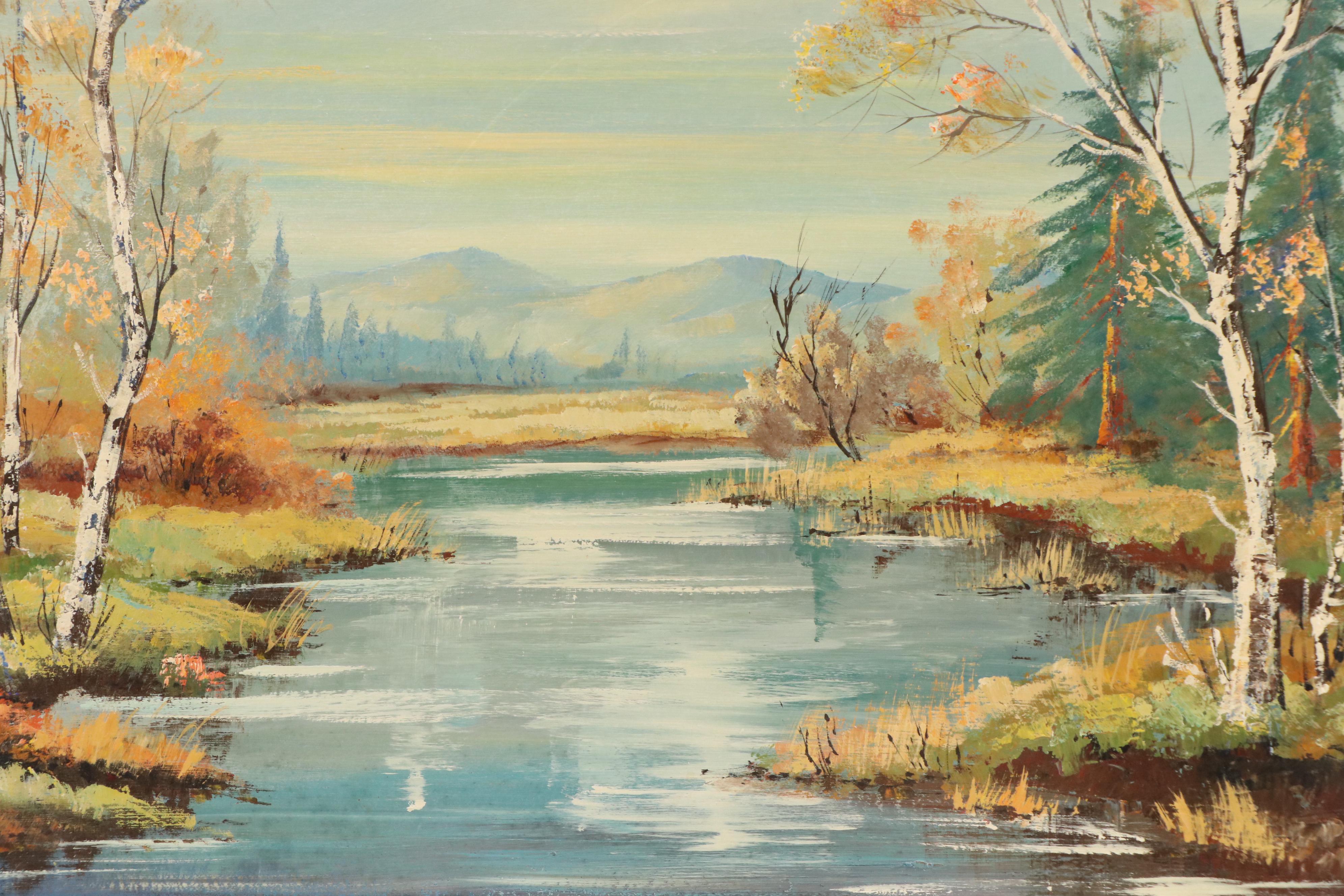 M. Marquez Landscape Oil Painting of Autumn River Scene