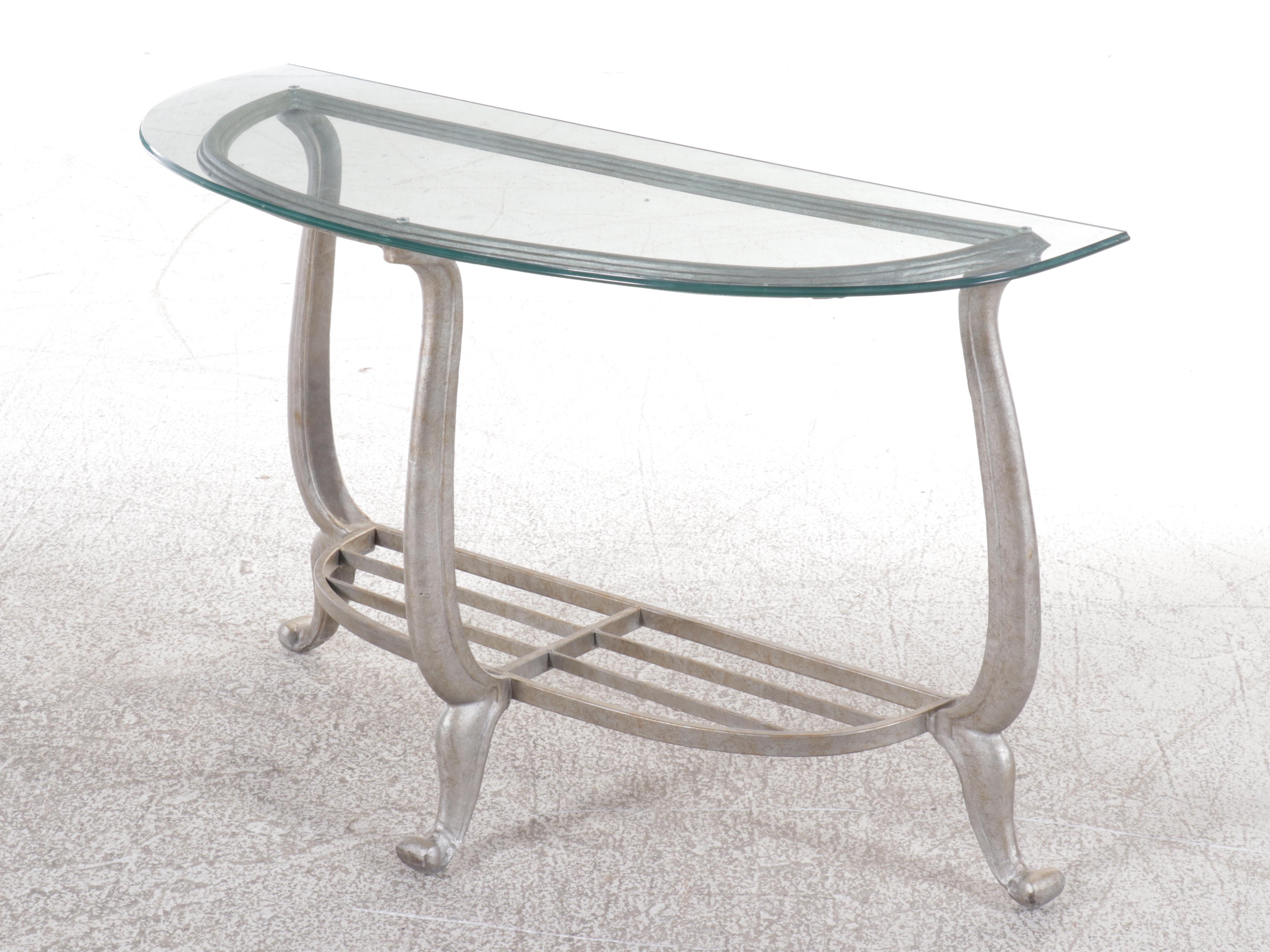 Modernist Metal Glass-Top Demi-Lune Console  Table