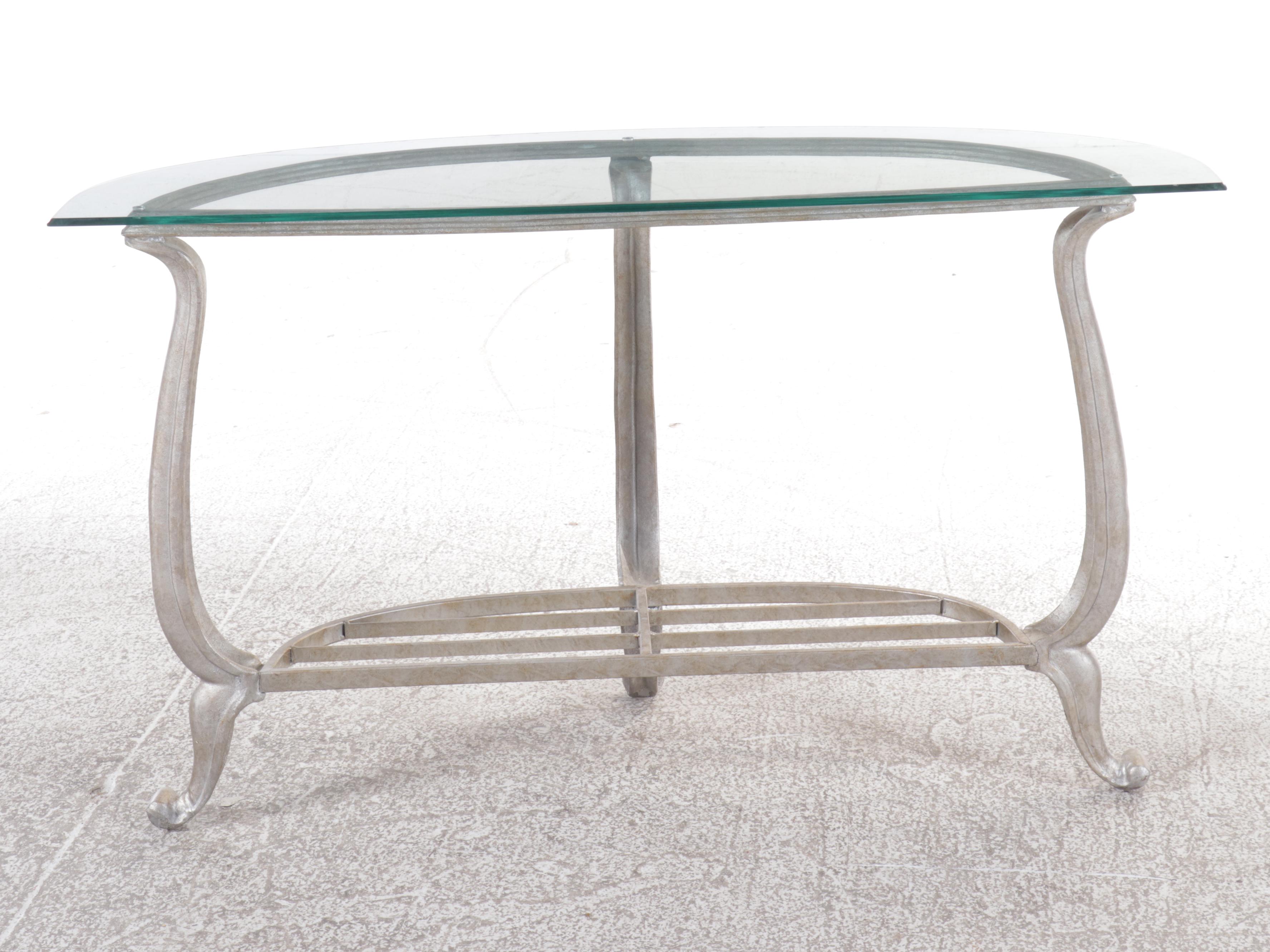 Modernist Metal Glass-Top Demi-Lune Console  Table