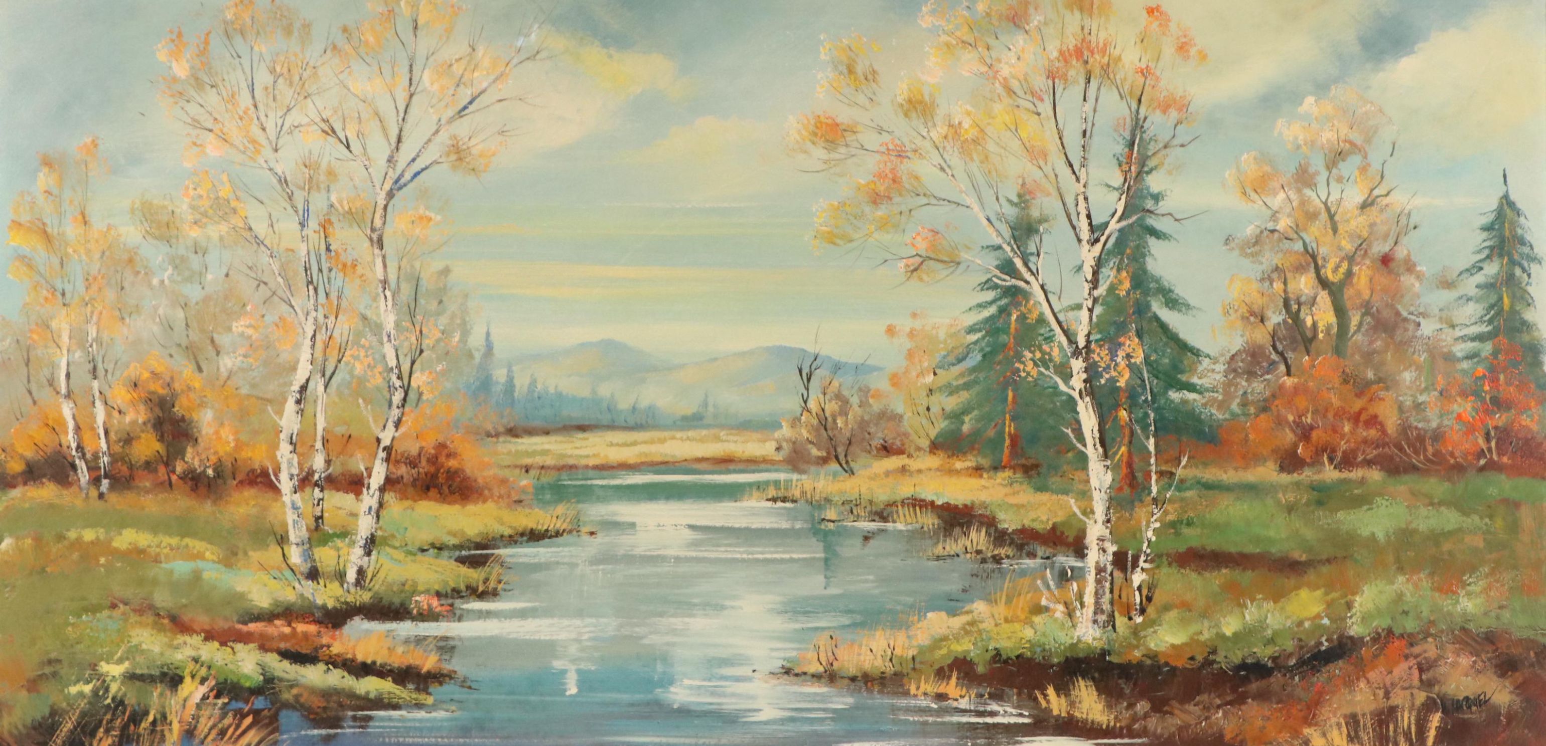 M. Marquez Landscape Oil Painting of Autumn River Scene