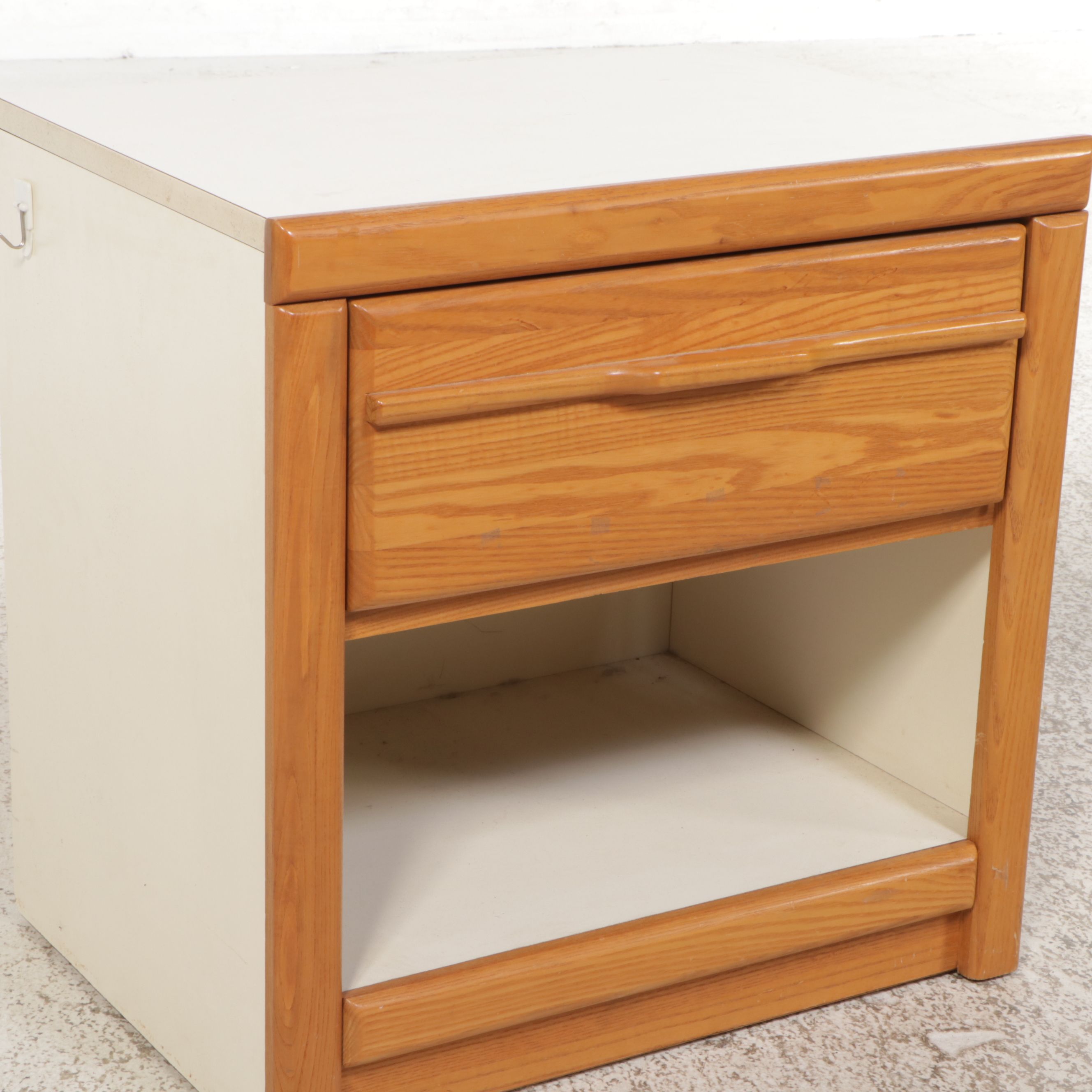 Stanley Furniture Oak and Laminate Chest with Book Shelves and Nightstand, 1986