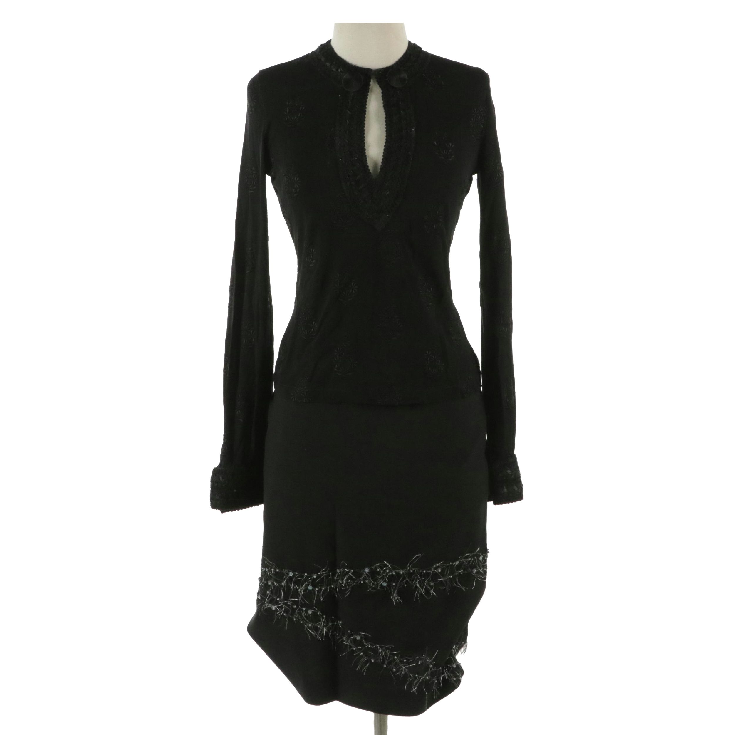Andrew Gn Embroidered Black Top and Ted Baker Embellished Black Skirt