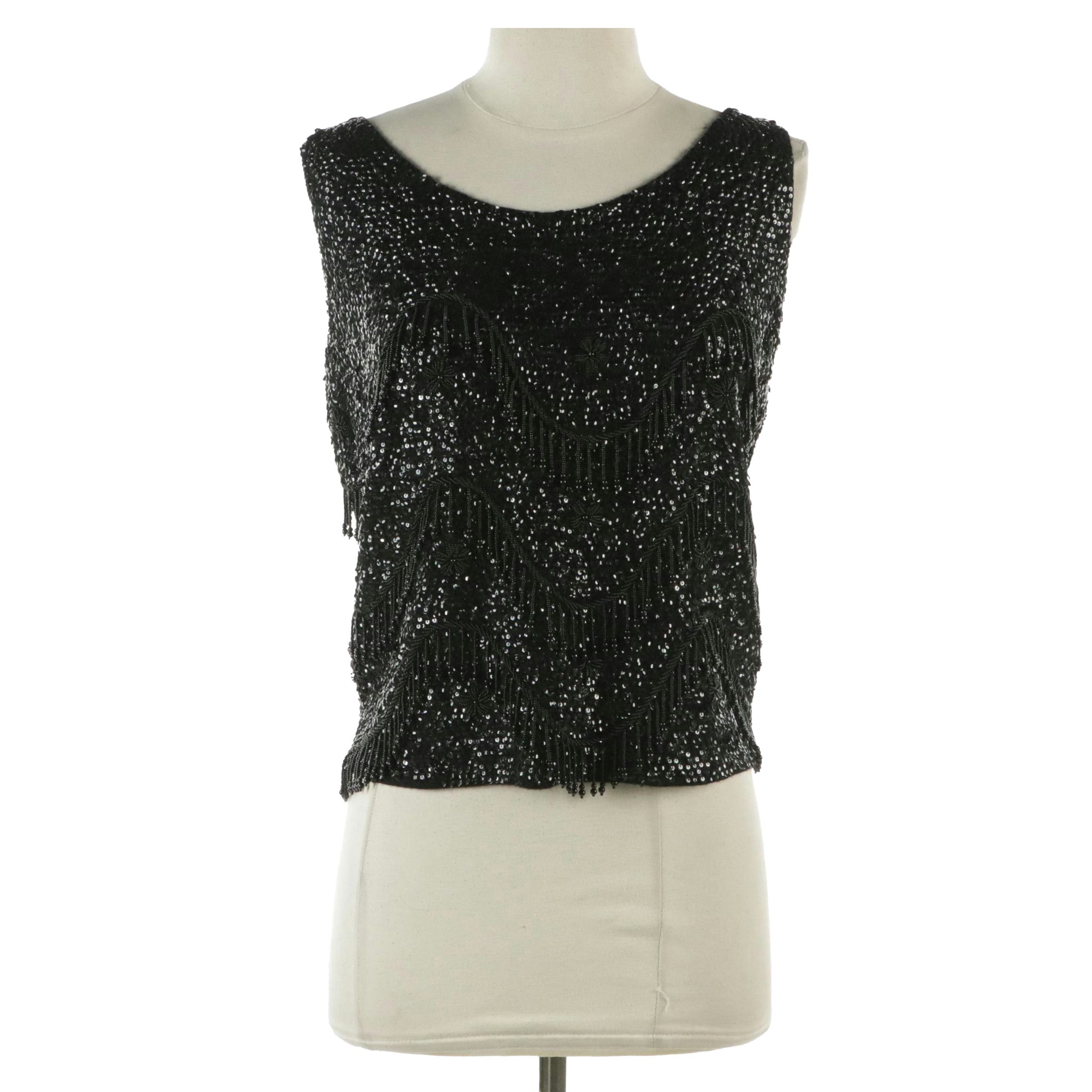 Black Sequined and Beaded Knit Sleeveless Top