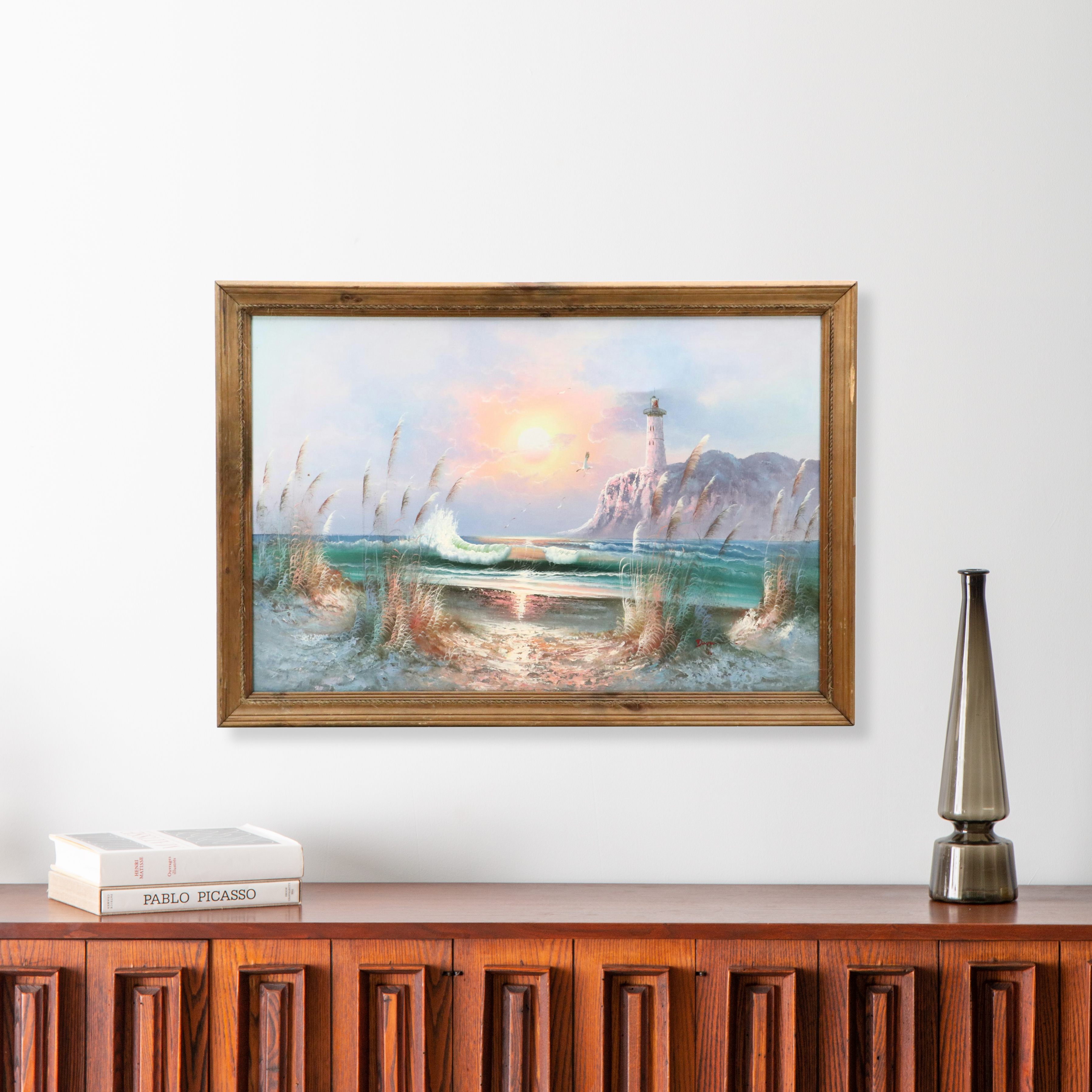 B. Duggan Seascape Oil Painting of Lighthouse, Late 20th Century